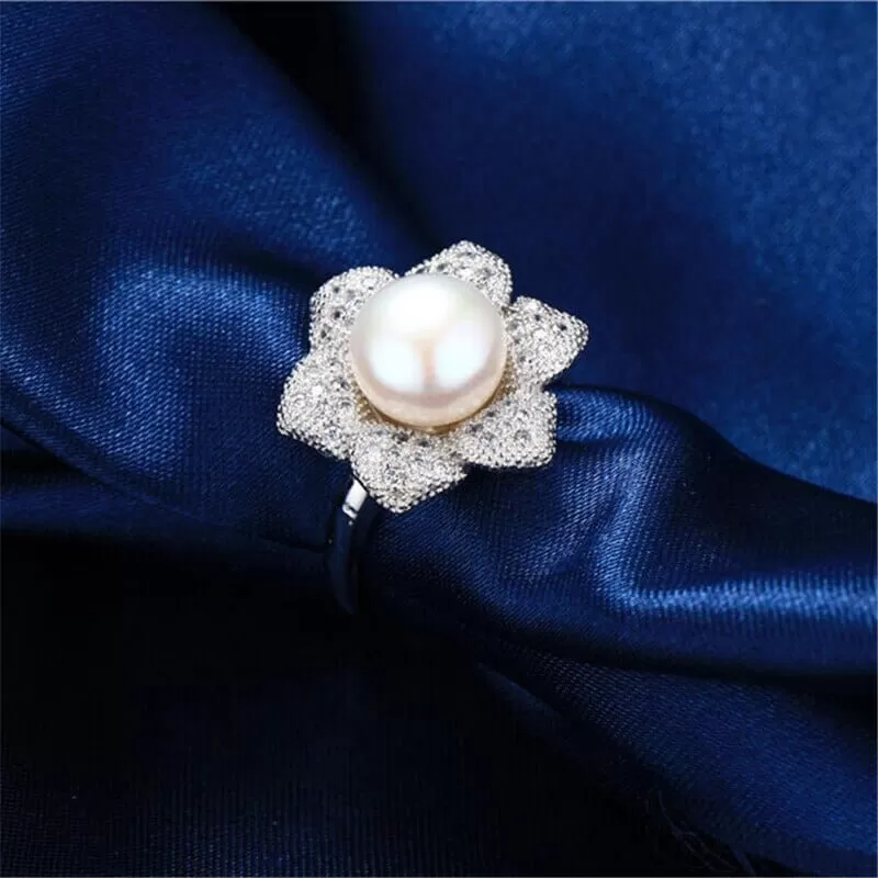 Cultured Pearl Diamond Resizable Silver Ring