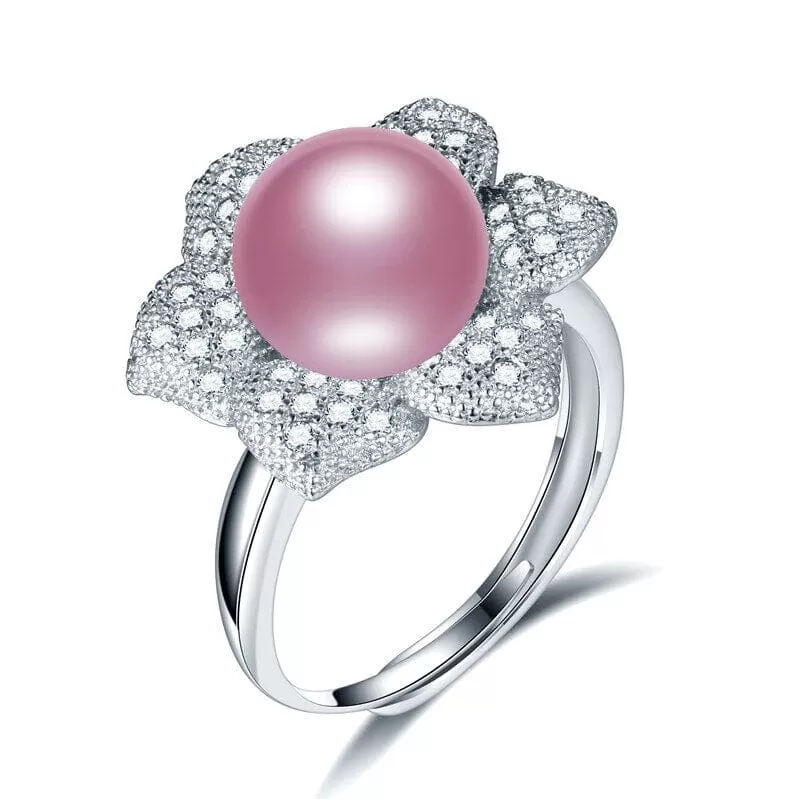 Cultured Pearl Diamond Resizable Silver Ring