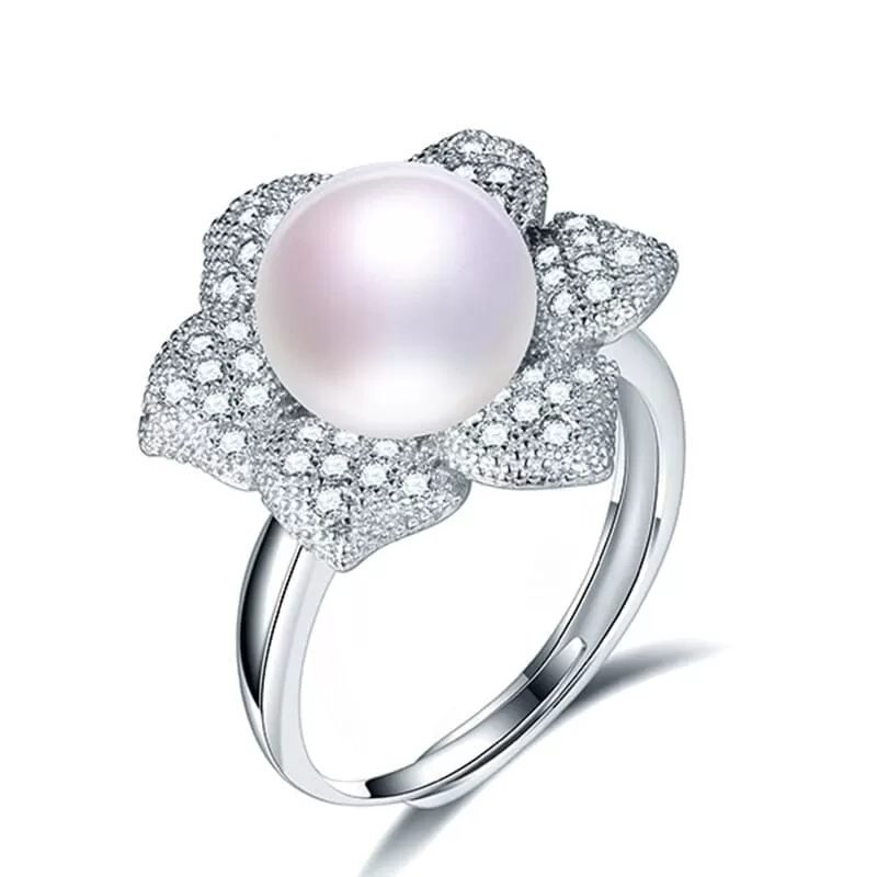 Cultured Pearl Diamond Resizable Silver Ring