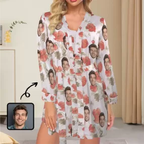 Custom Face Red Flowers Pajama Set Personalized Women's Pajama Robe&Camisole Sleep Dress