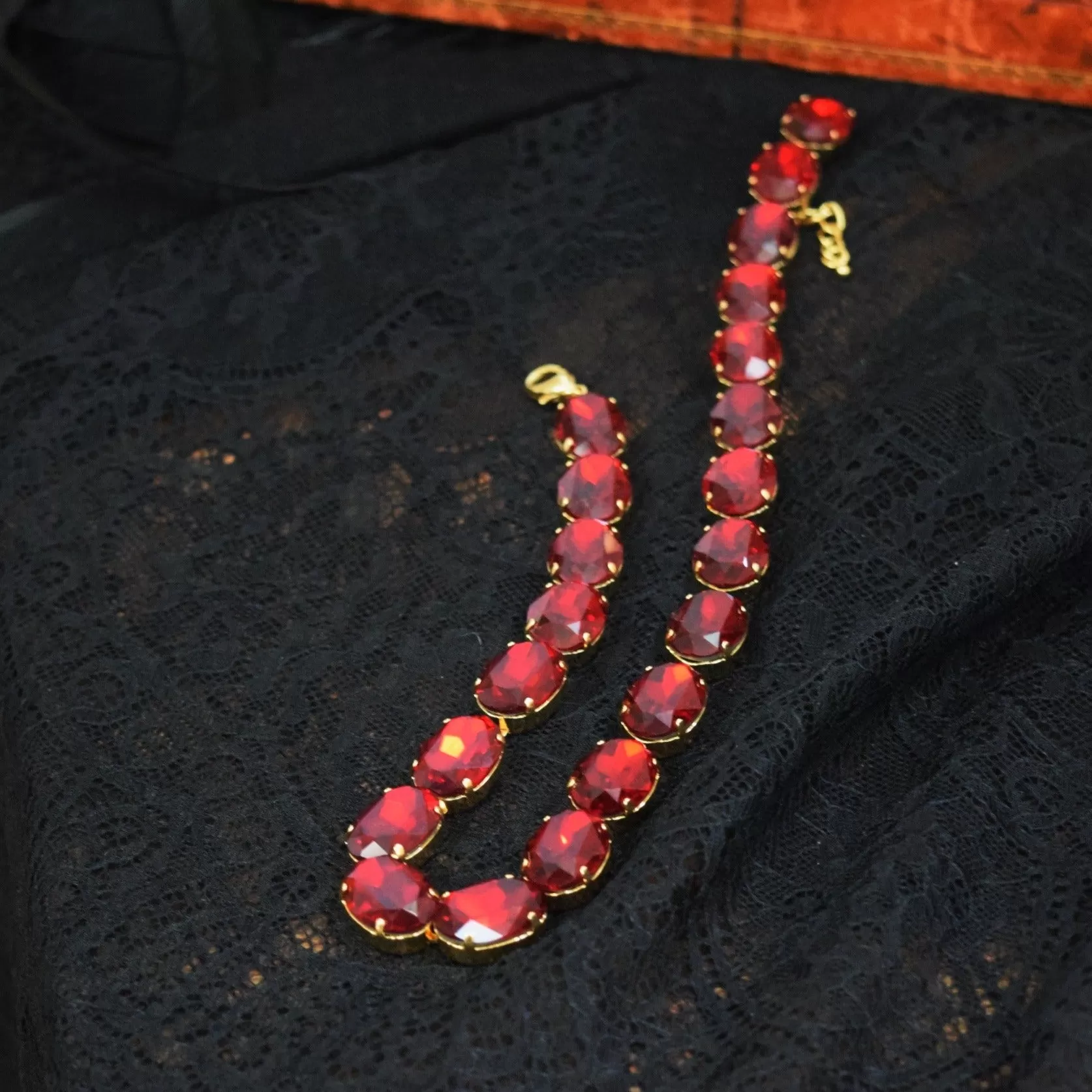 Deep Red Aurora Crystal Collet Necklace - Large Oval