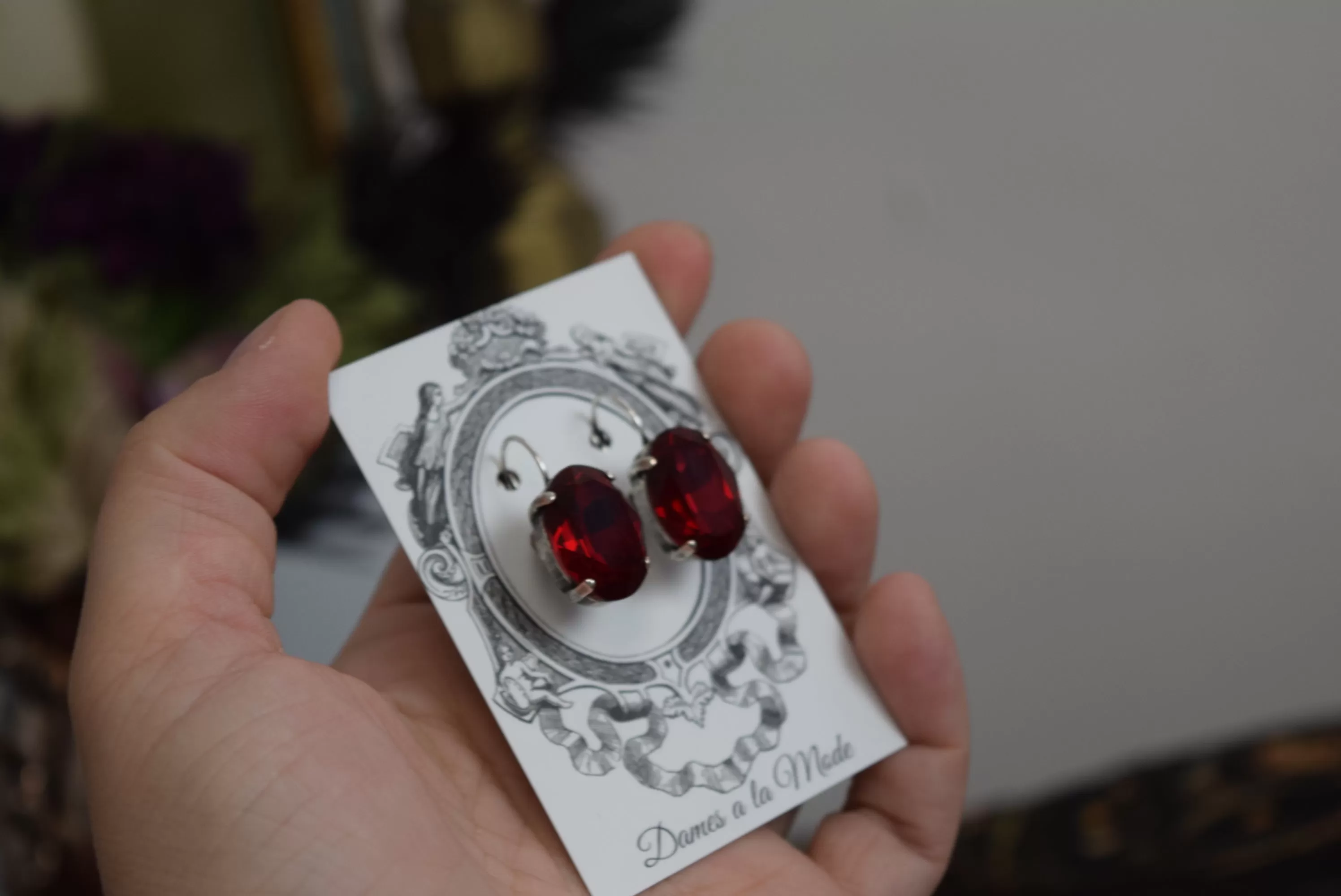 Deep Red Aurora Crystal Earrings - Large Oval