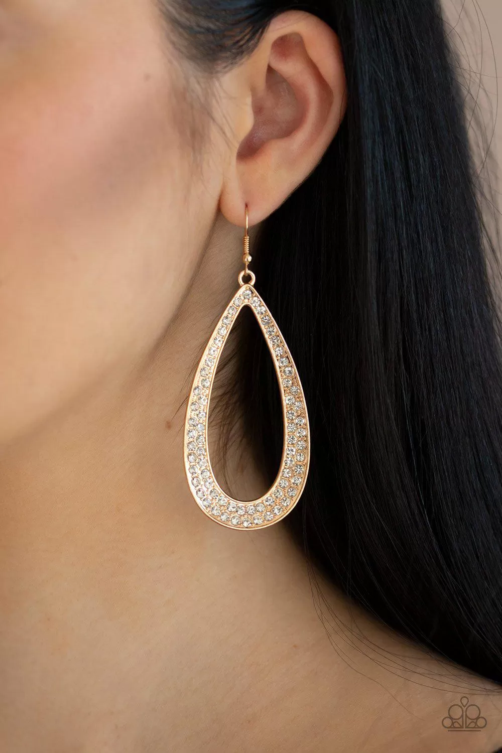 Diamond Distraction Gold and White Rhinestone Teardrop Earrings - Paparazzi Accessories