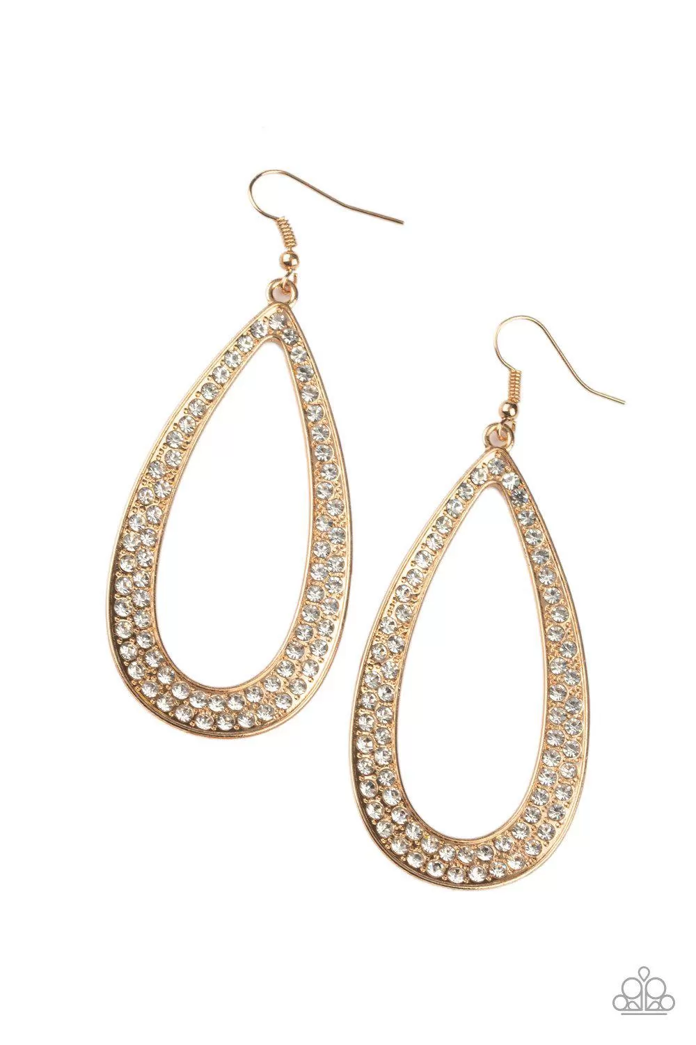 Diamond Distraction Gold and White Rhinestone Teardrop Earrings - Paparazzi Accessories