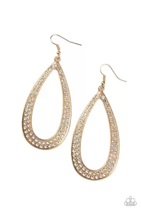 Diamond Distraction Gold and White Rhinestone Teardrop Earrings - Paparazzi Accessories