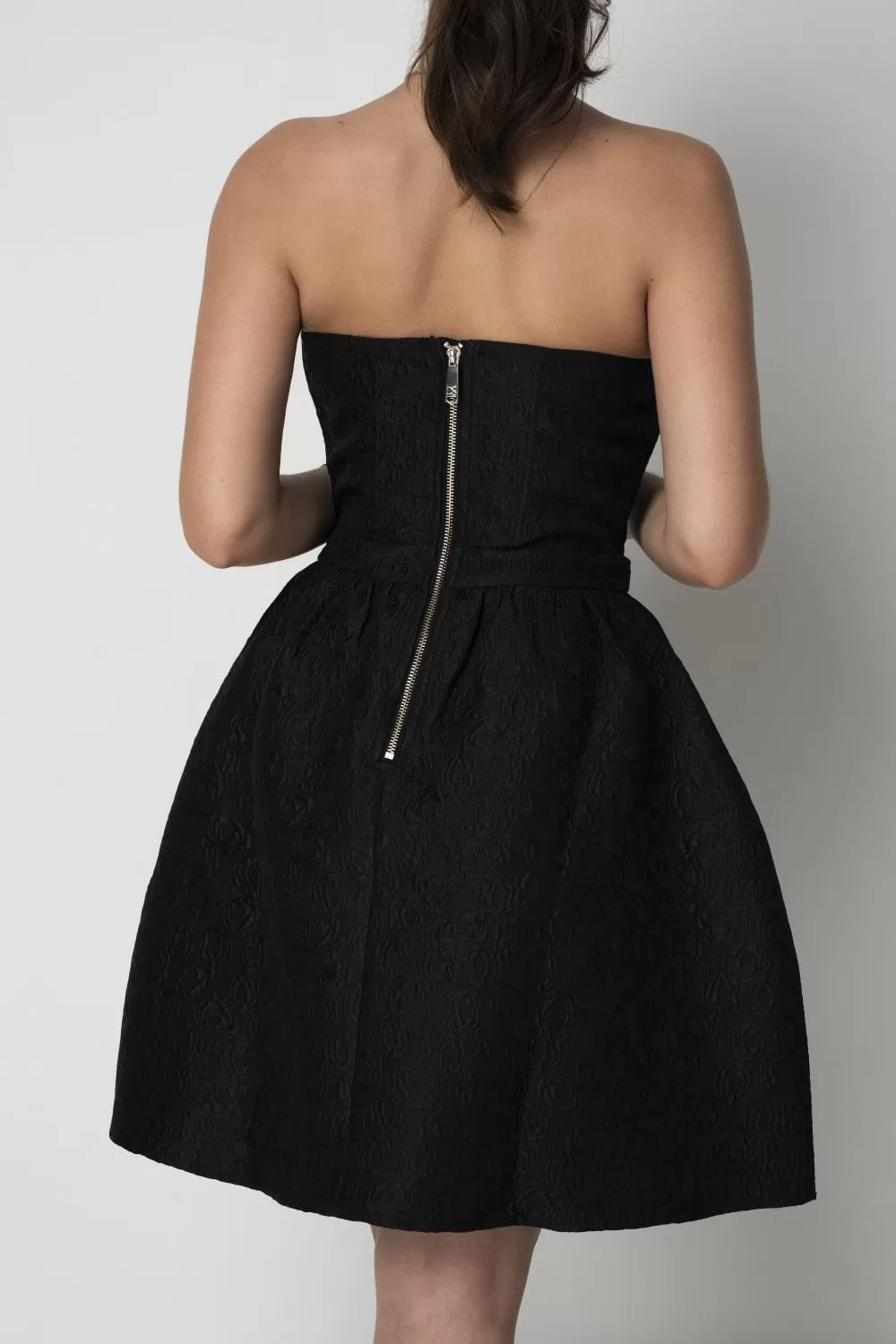 Double Second Black Jacquard Strapless Skater Dress