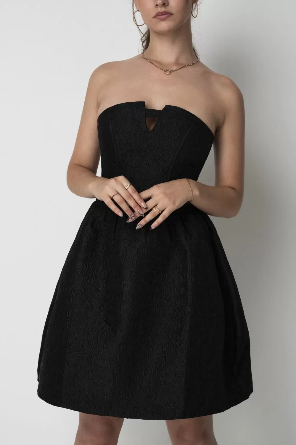 Double Second Black Jacquard Strapless Skater Dress