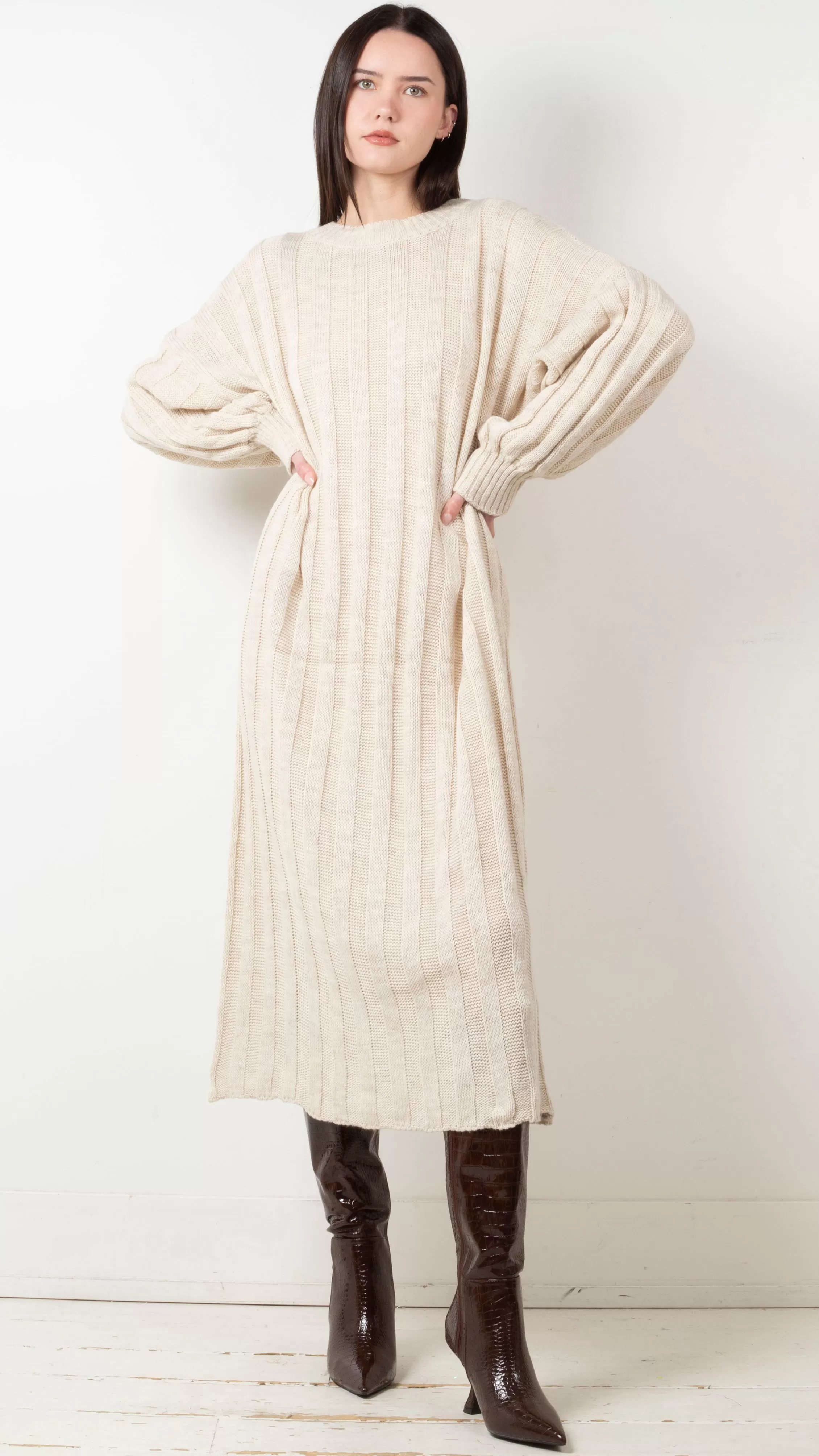 Elle Wide Ribbed Knit Maxi Dress - Beige