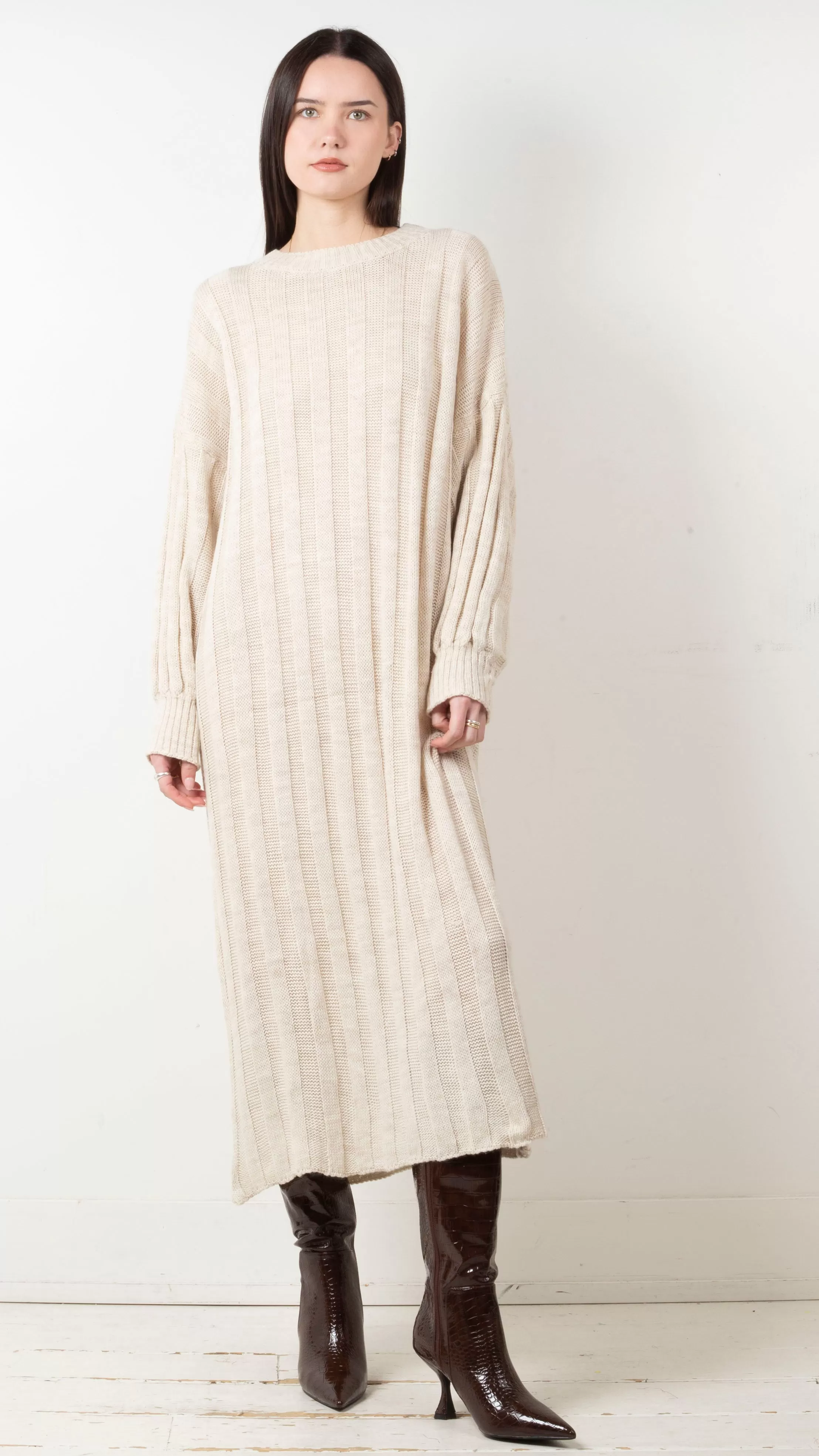 Elle Wide Ribbed Knit Maxi Dress - Beige