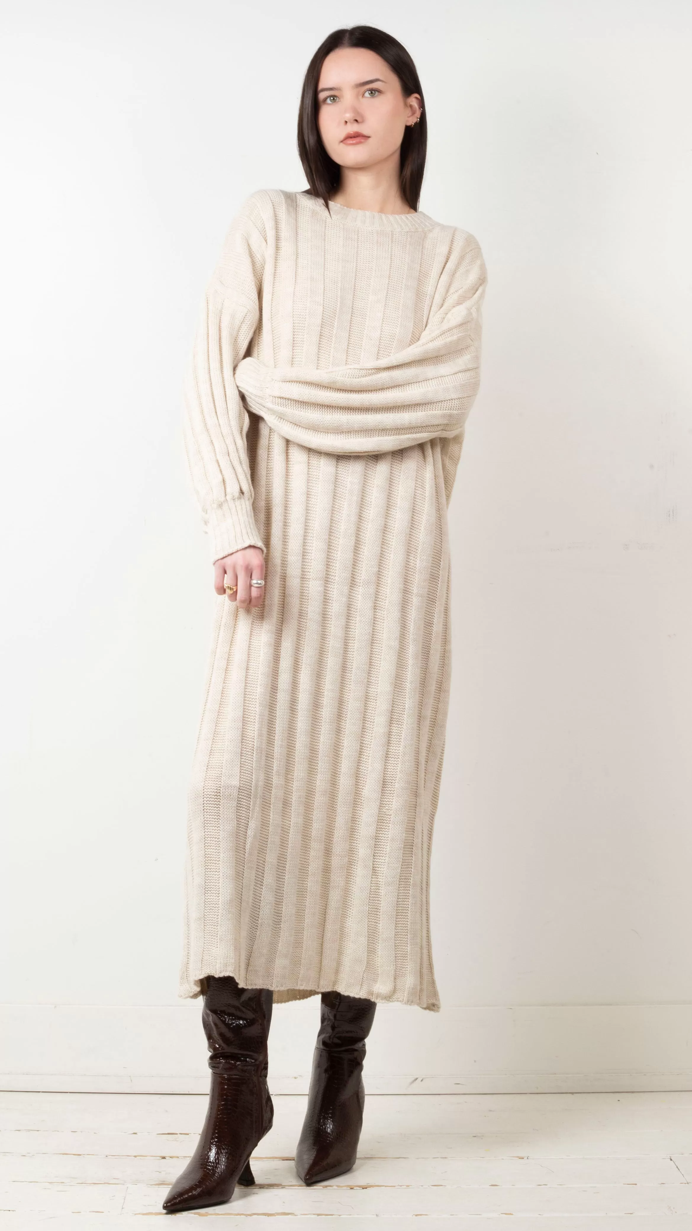 Elle Wide Ribbed Knit Maxi Dress - Beige