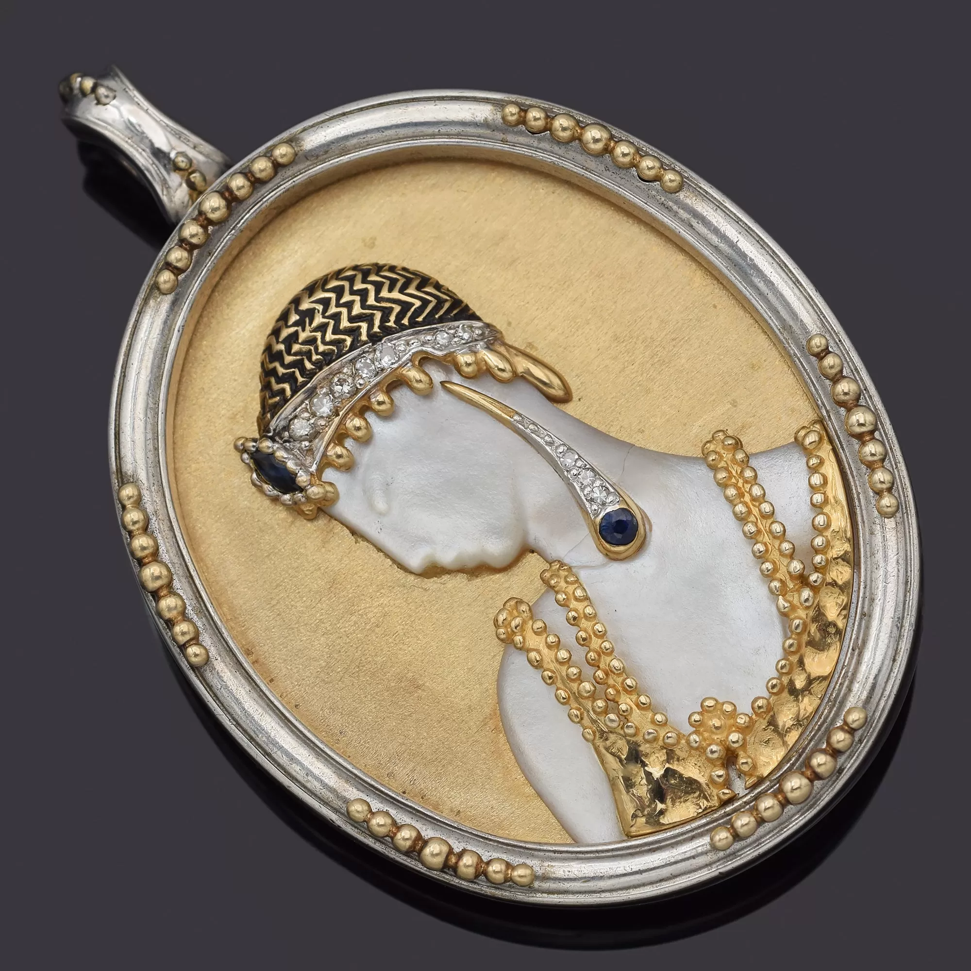 Erte Salome 14K Gold & Sterling Silver Sapphire & Diamond Brooch Pin Pendant