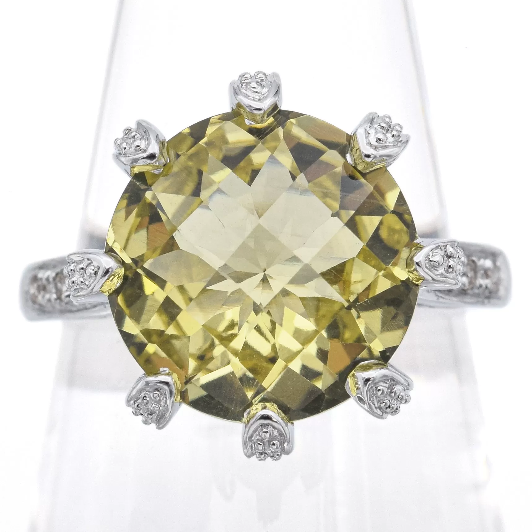 Estate 10K White Gold 5.72Ct Citrine & Diamond Round Faceted Cocktail Ring Size8