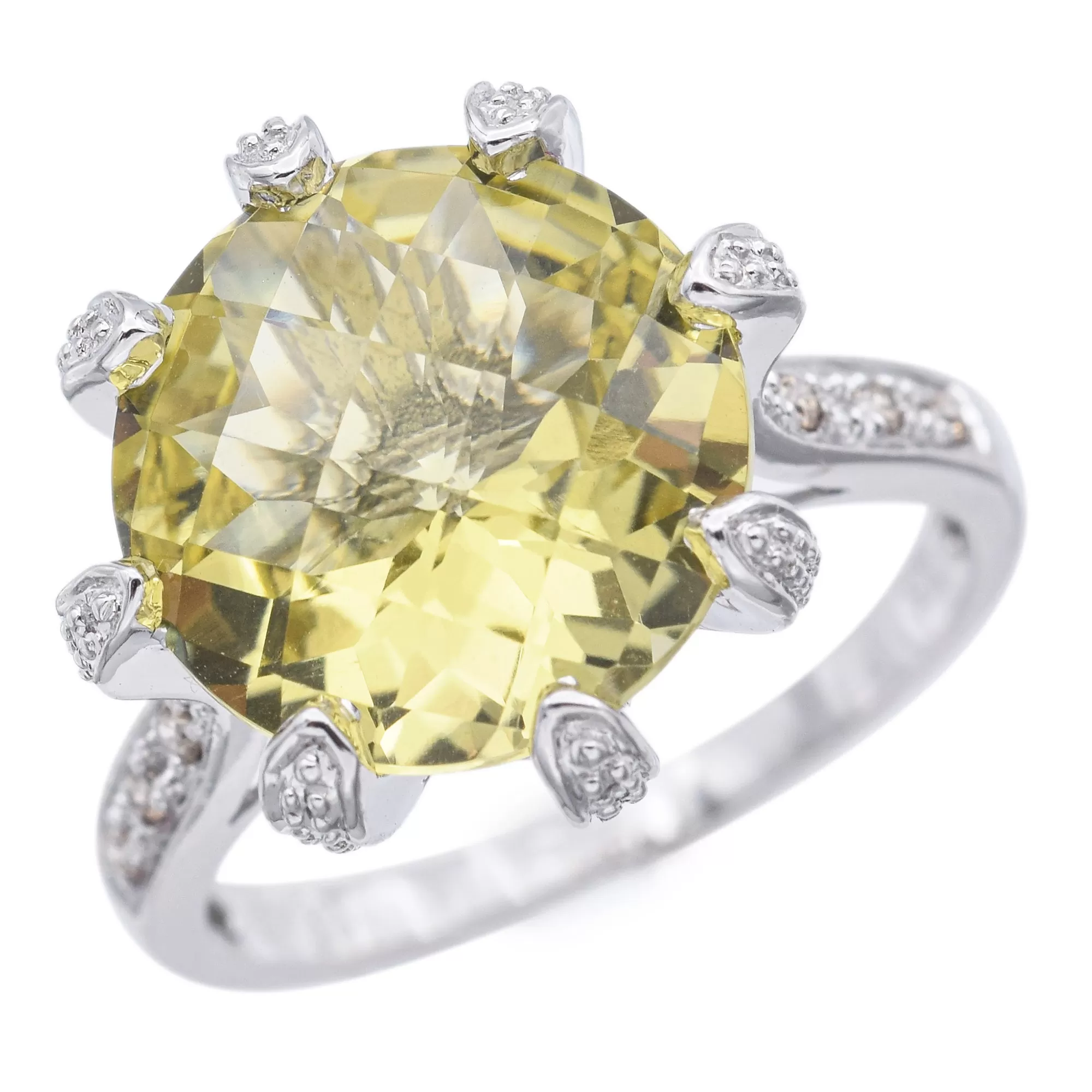 Estate 10K White Gold 5.72Ct Citrine & Diamond Round Faceted Cocktail Ring Size8