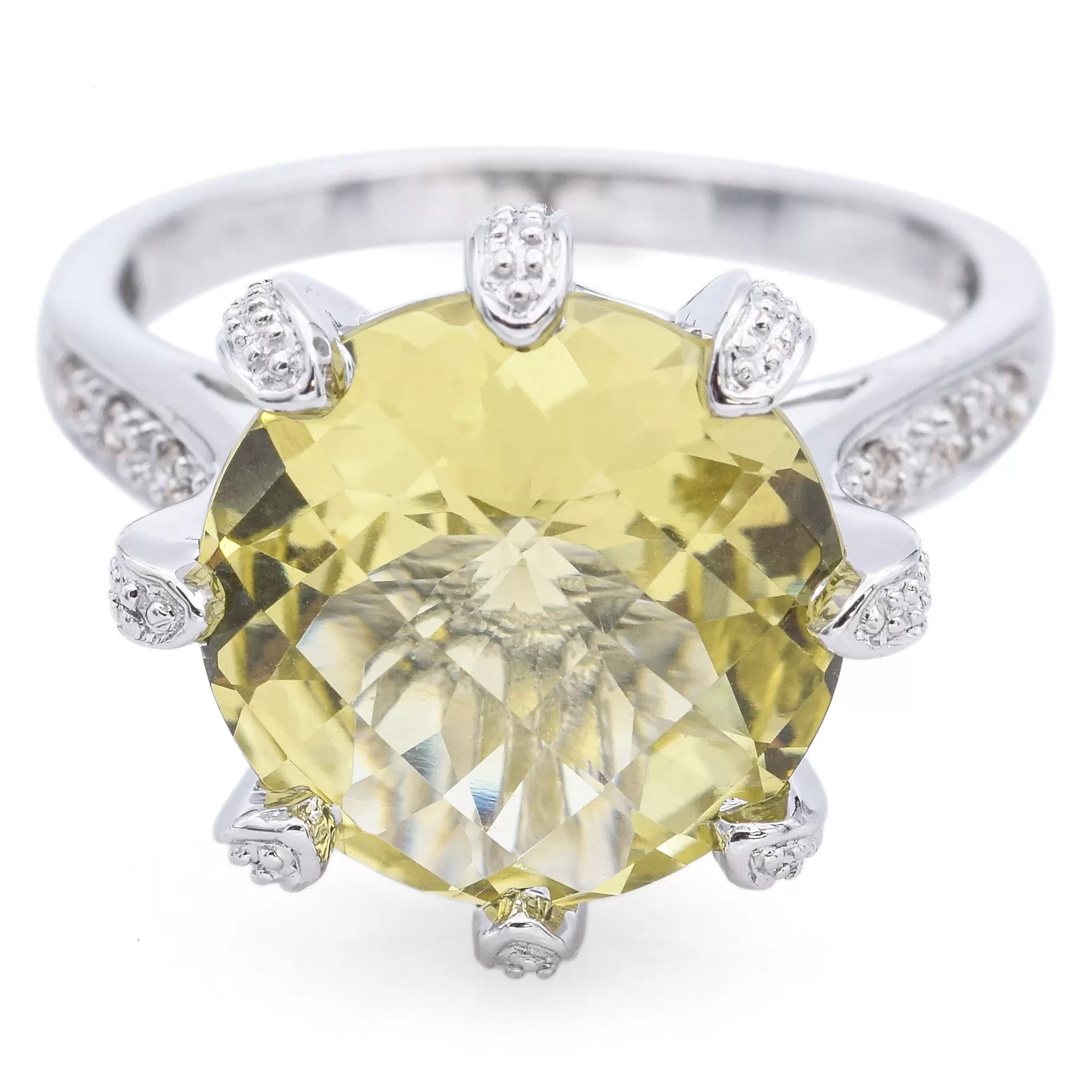 Estate 10K White Gold 5.72Ct Citrine & Diamond Round Faceted Cocktail Ring Size8