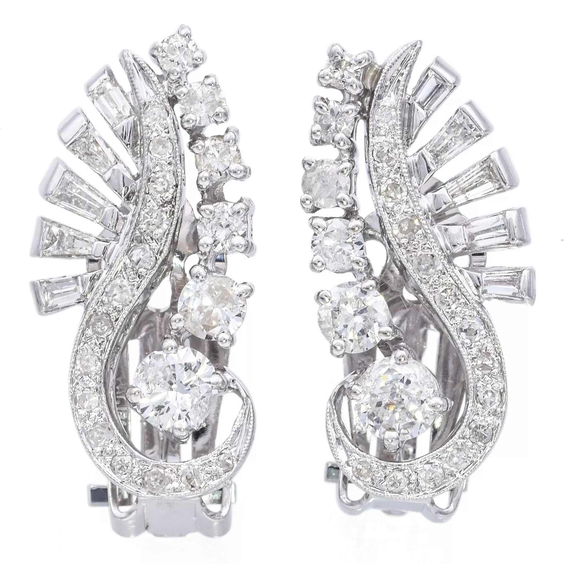 Estate 14K White Gold 1.40 TCW Diamond Swirl Clip-On Drop Earrings