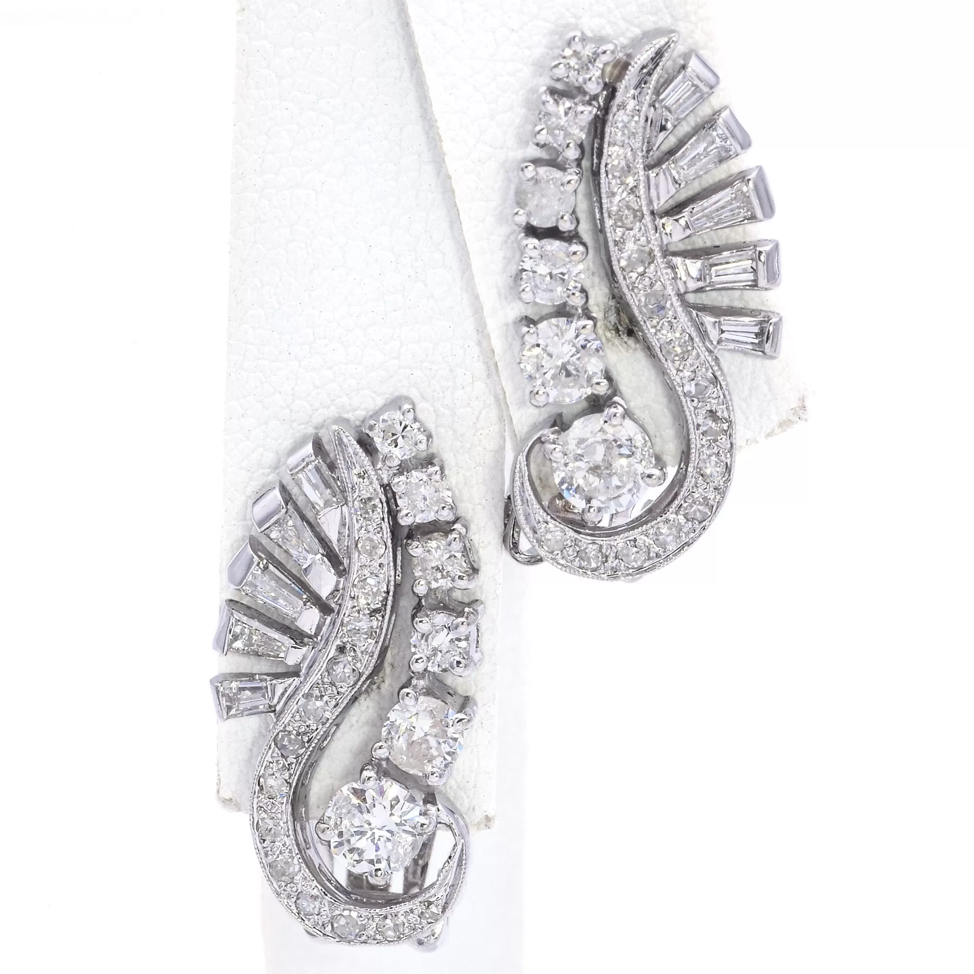 Estate 14K White Gold 1.40 TCW Diamond Swirl Clip-On Drop Earrings