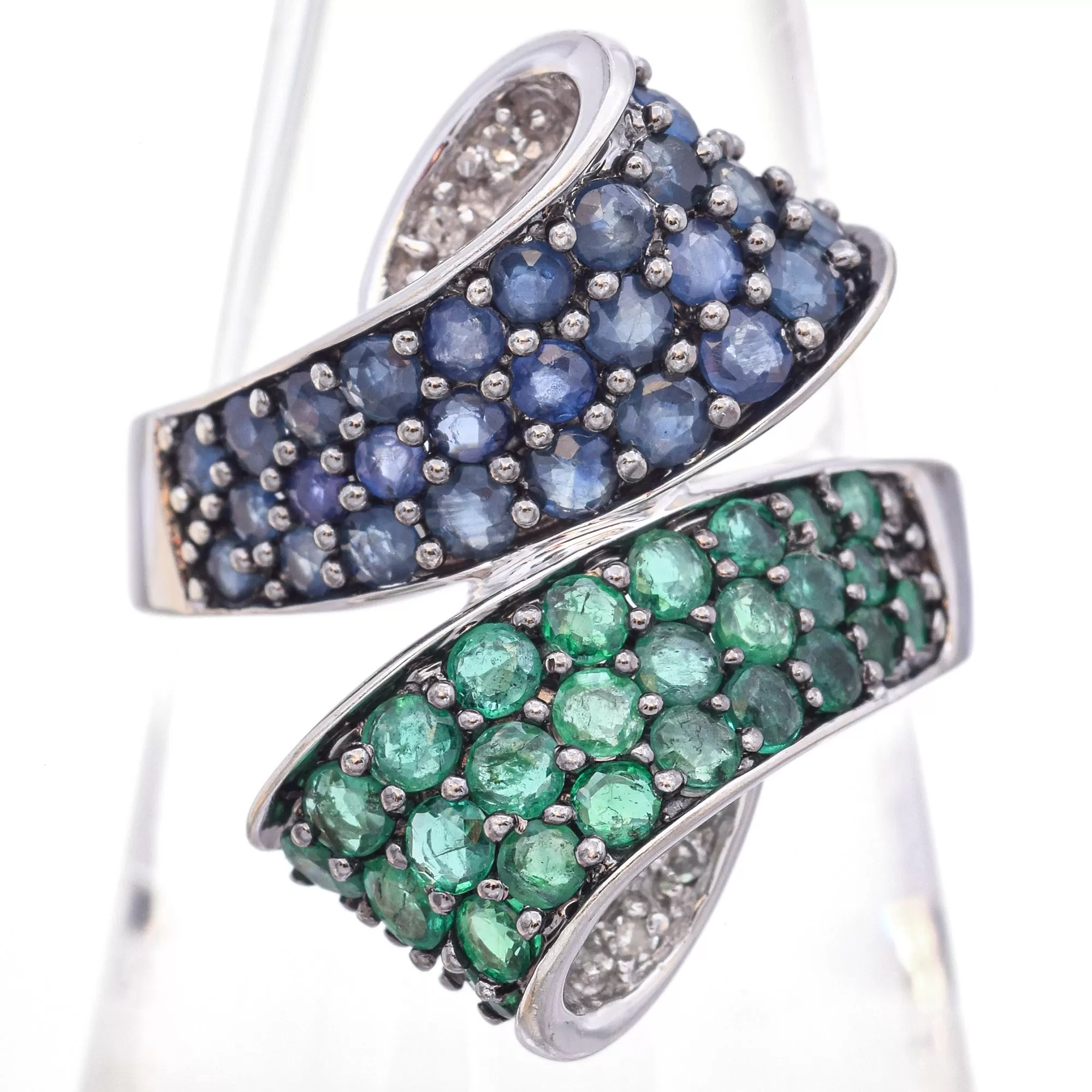 Estate 14K White Gold Sapphire, Emerald & Diamond Bypass Cocktail Ring Size 8.25