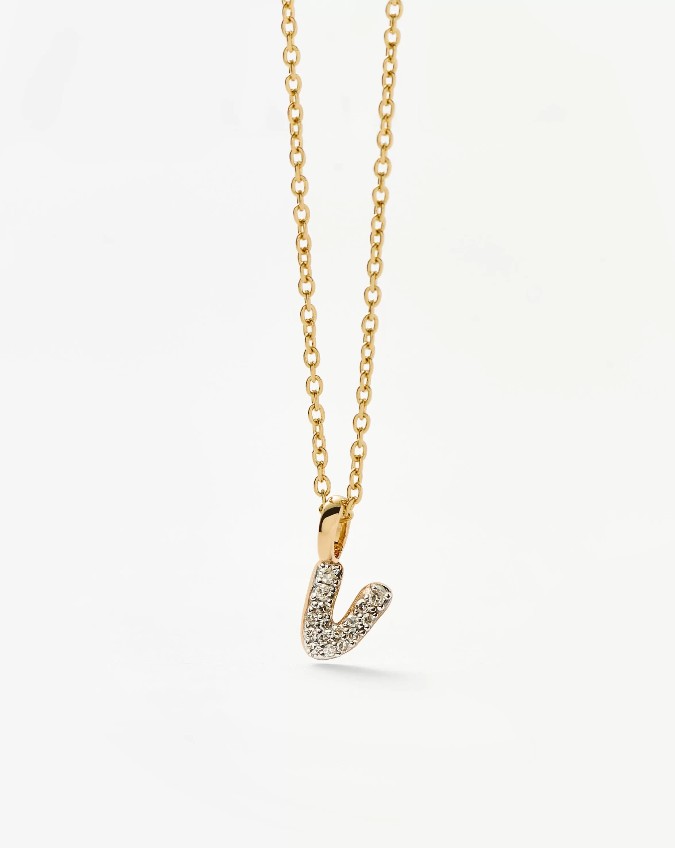 Fine Diamond Initial Mini Pendant Necklace - V | 14k Solid Yellow Gold Plated/Diamond