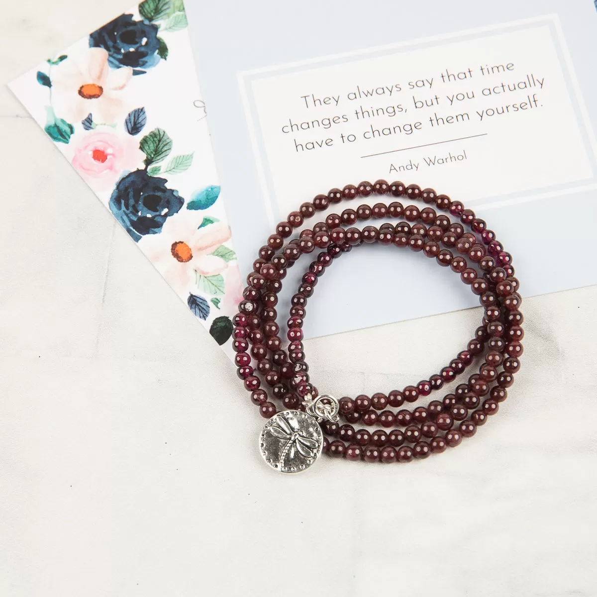 Garnet Wrap Bracelet with Dragonfly to Remind Us to Live to the Fullest