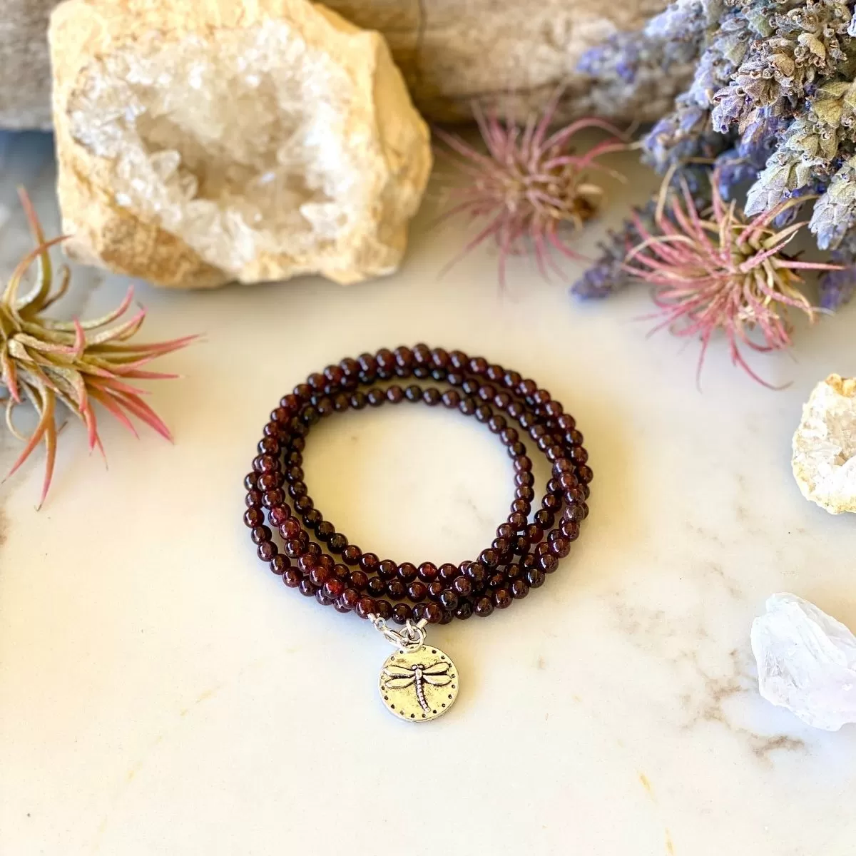 Garnet Wrap Bracelet with Dragonfly to Remind Us to Live to the Fullest