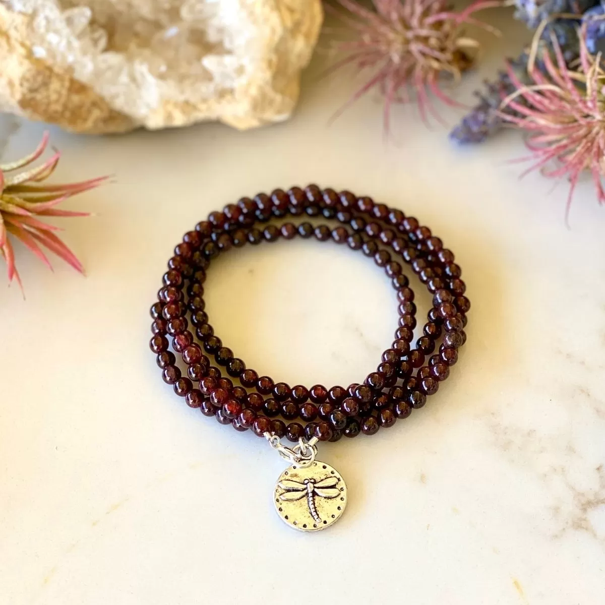 Garnet Wrap Bracelet with Dragonfly to Remind Us to Live to the Fullest