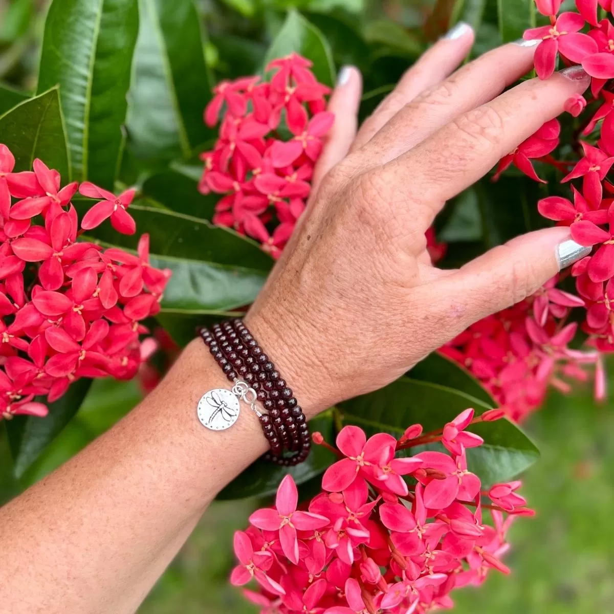 Garnet Wrap Bracelet with Dragonfly to Remind Us to Live to the Fullest