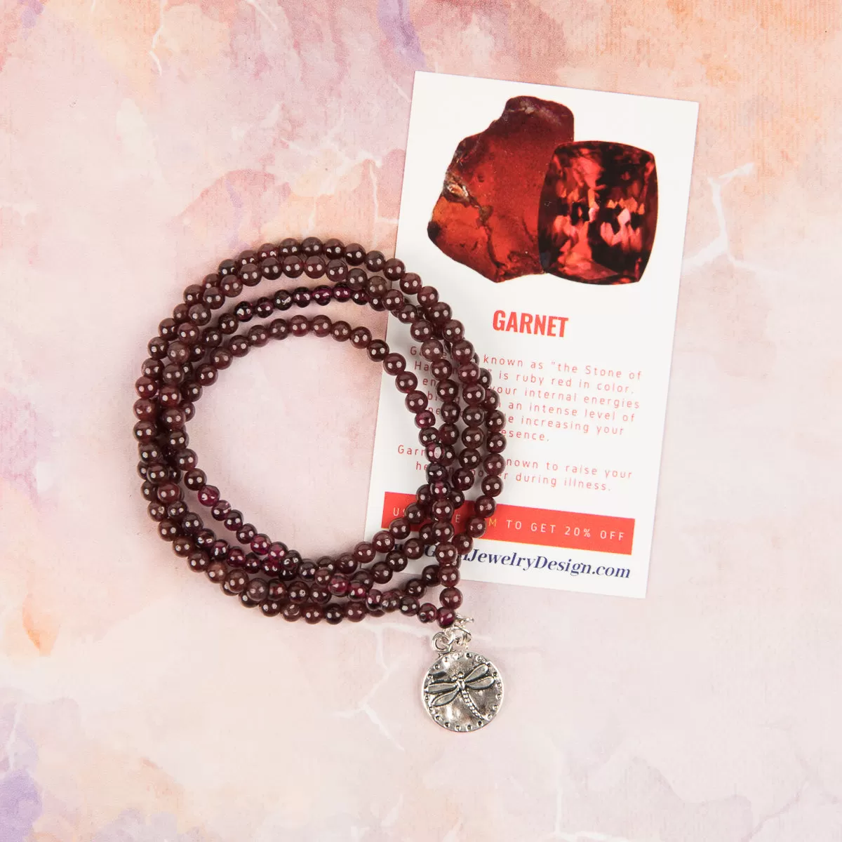 Garnet Wrap Bracelet with Dragonfly to Remind Us to Live to the Fullest