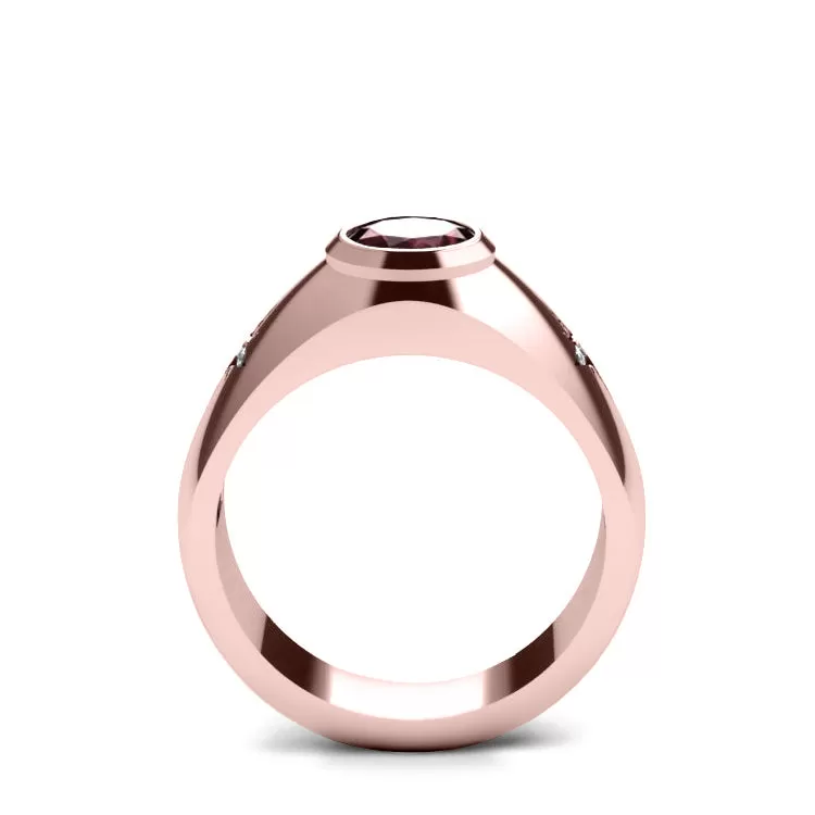 Gents Diamond Ring in 14K Rose Gold with 2.40ct Red Ruby Three Stone Wedding Band Engraved