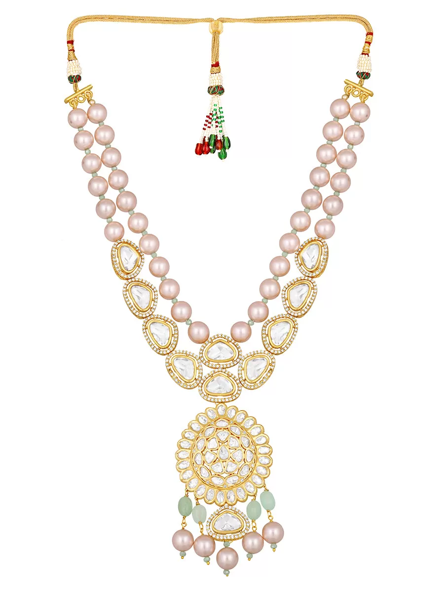 Gold Plated Kundan Necklace with Onyx and Pearls