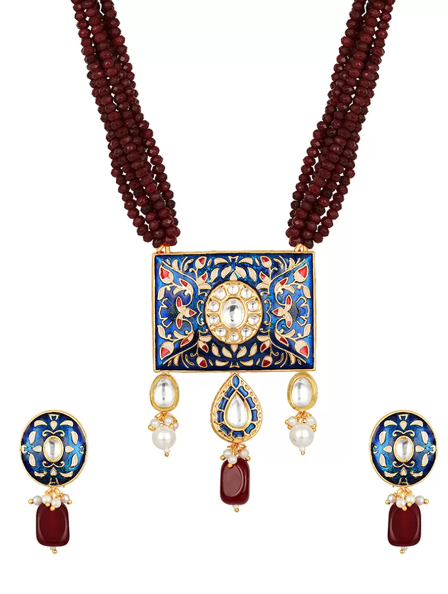 Golden, Maroon Hand-paint meena, Agates, Shell pearls Necklace Set