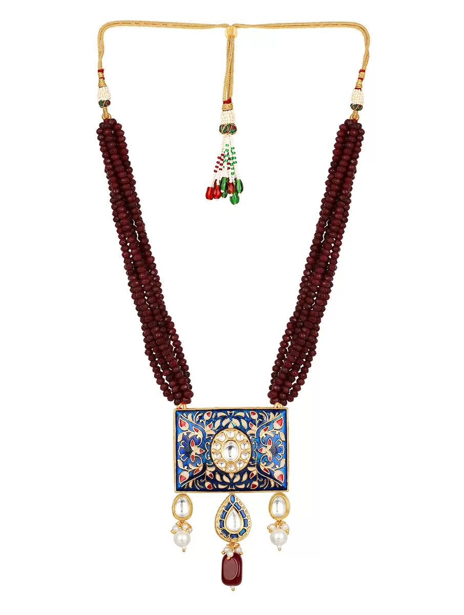 Golden, Maroon Hand-paint meena, Agates, Shell pearls Necklace Set