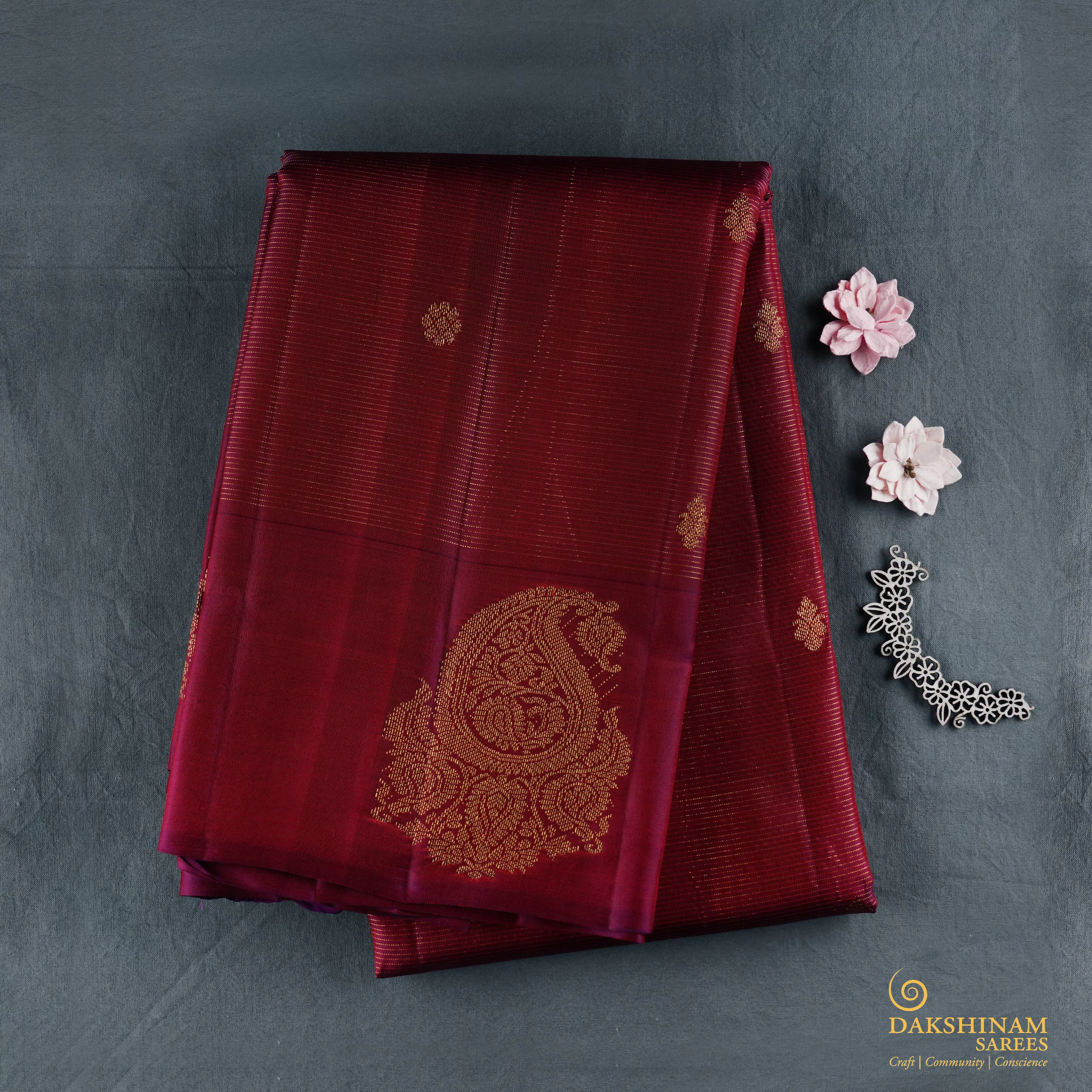 Handwoven Maroon Kanjivaram Silk Saree - 1850T008706DSC