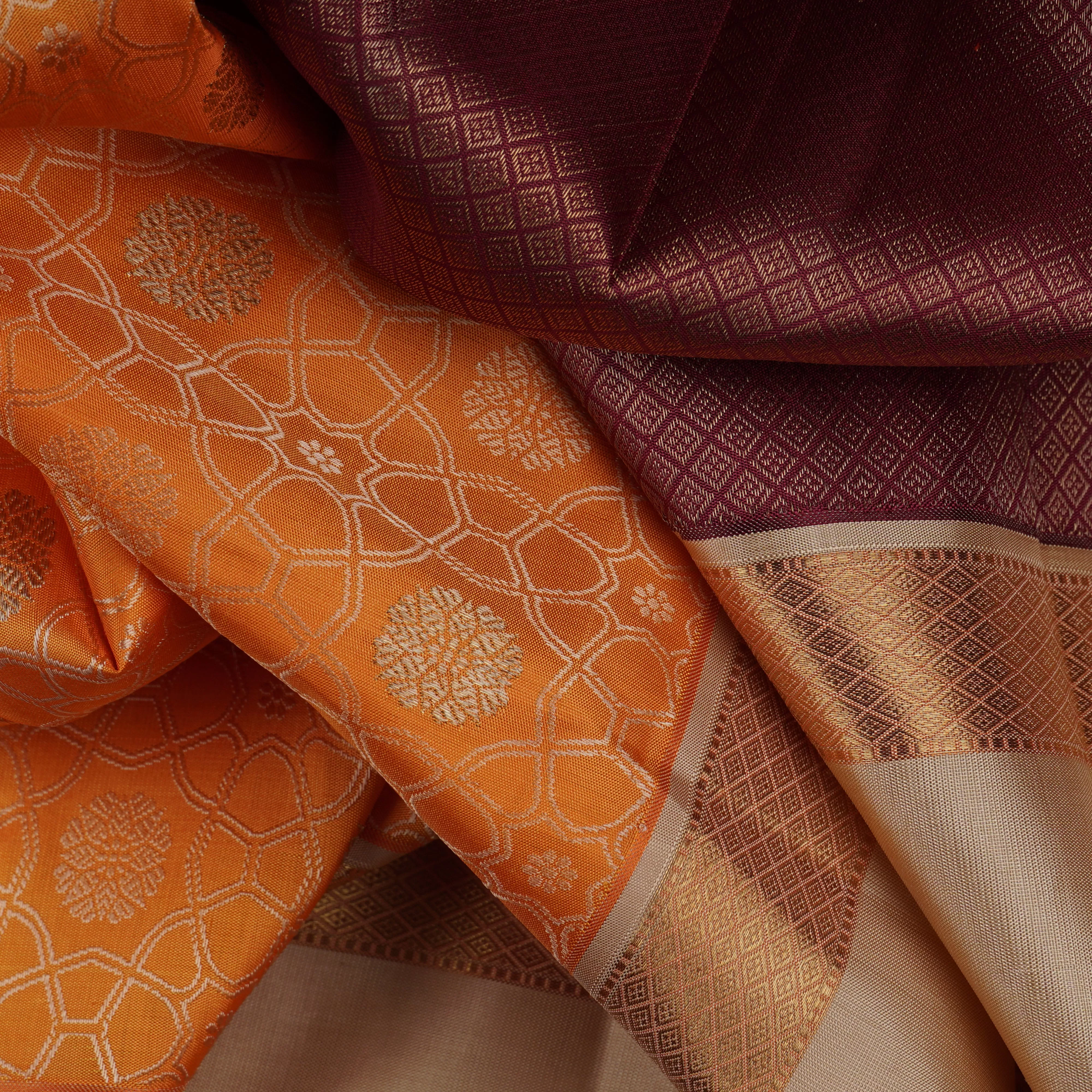 Handwoven Orange with Beige and Maroon Kajivaram Silk Saree -1667T007066DSC