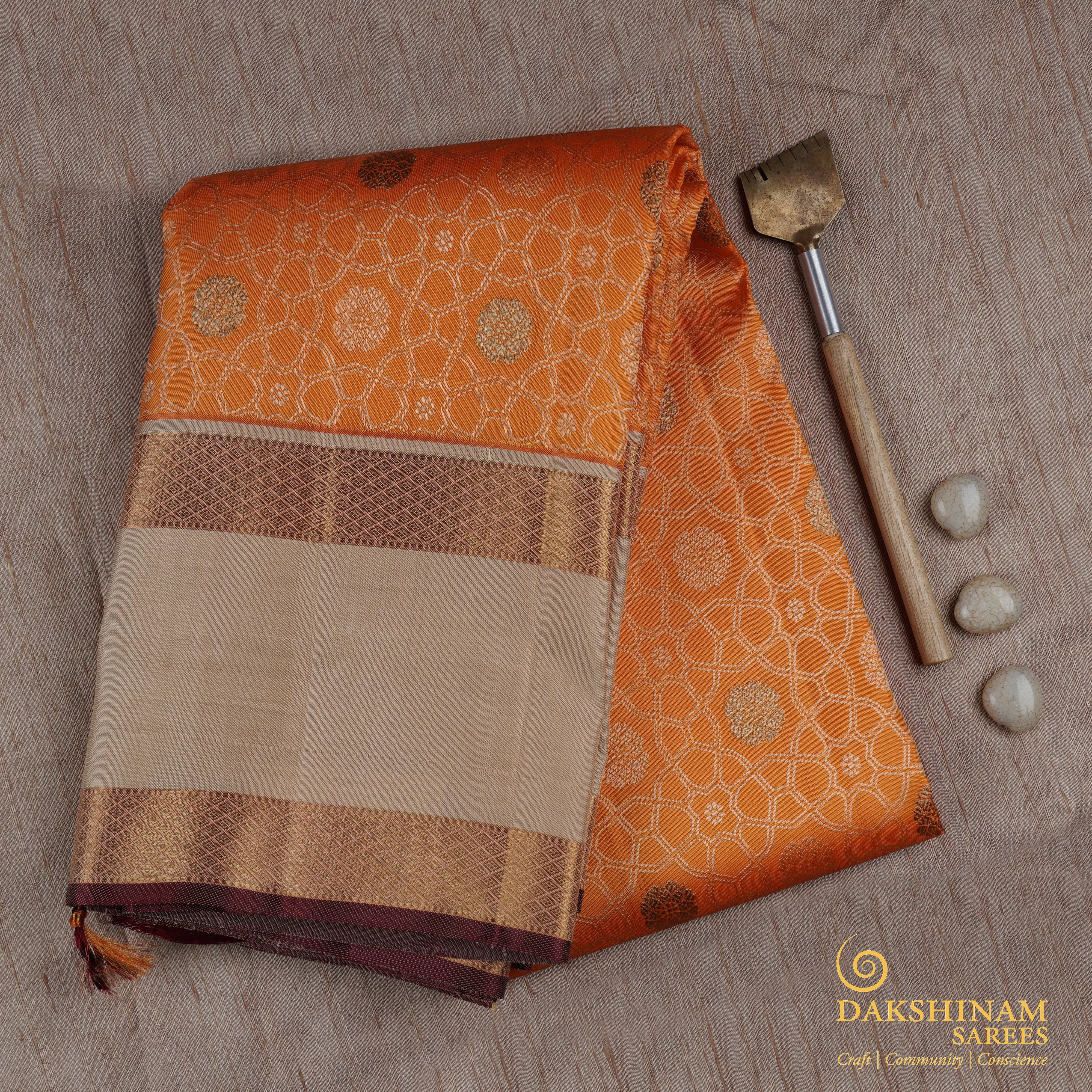 Handwoven Orange with Beige and Maroon Kajivaram Silk Saree -1667T007066DSC