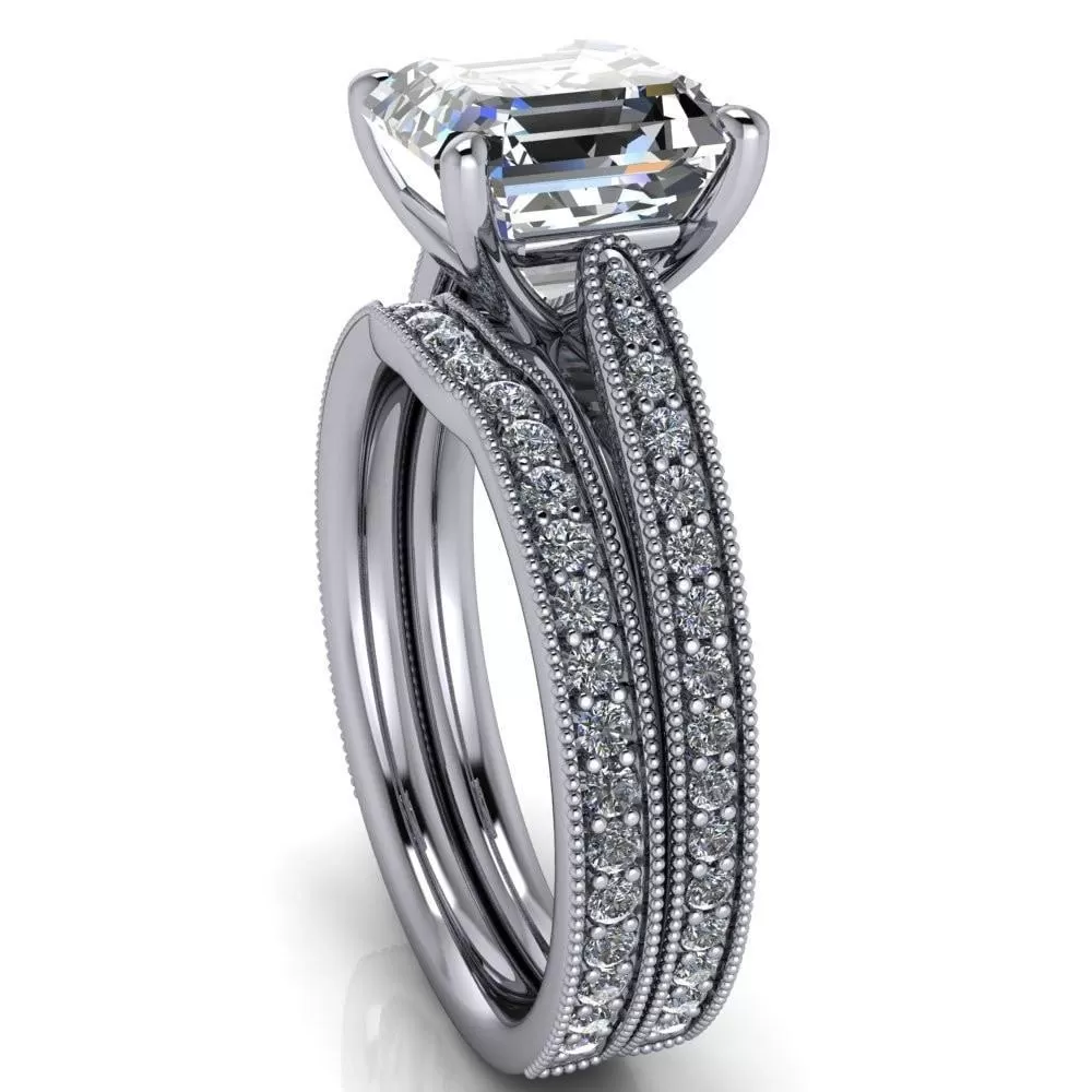 Hathaway Asscher Moissanite 4 Prong Milgrain Cathedral Engagement Ring