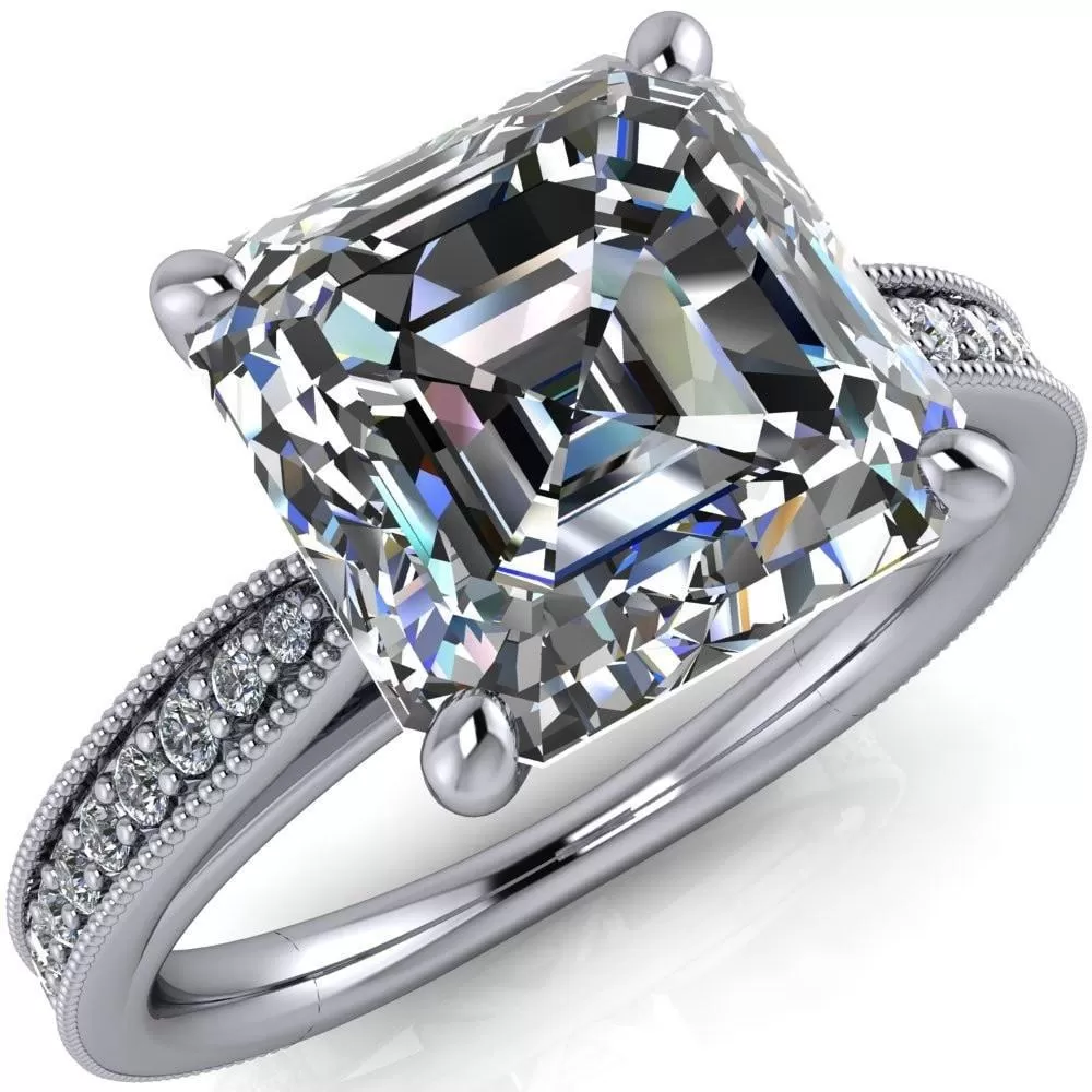 Hathaway Asscher Moissanite 4 Prong Milgrain Cathedral Engagement Ring