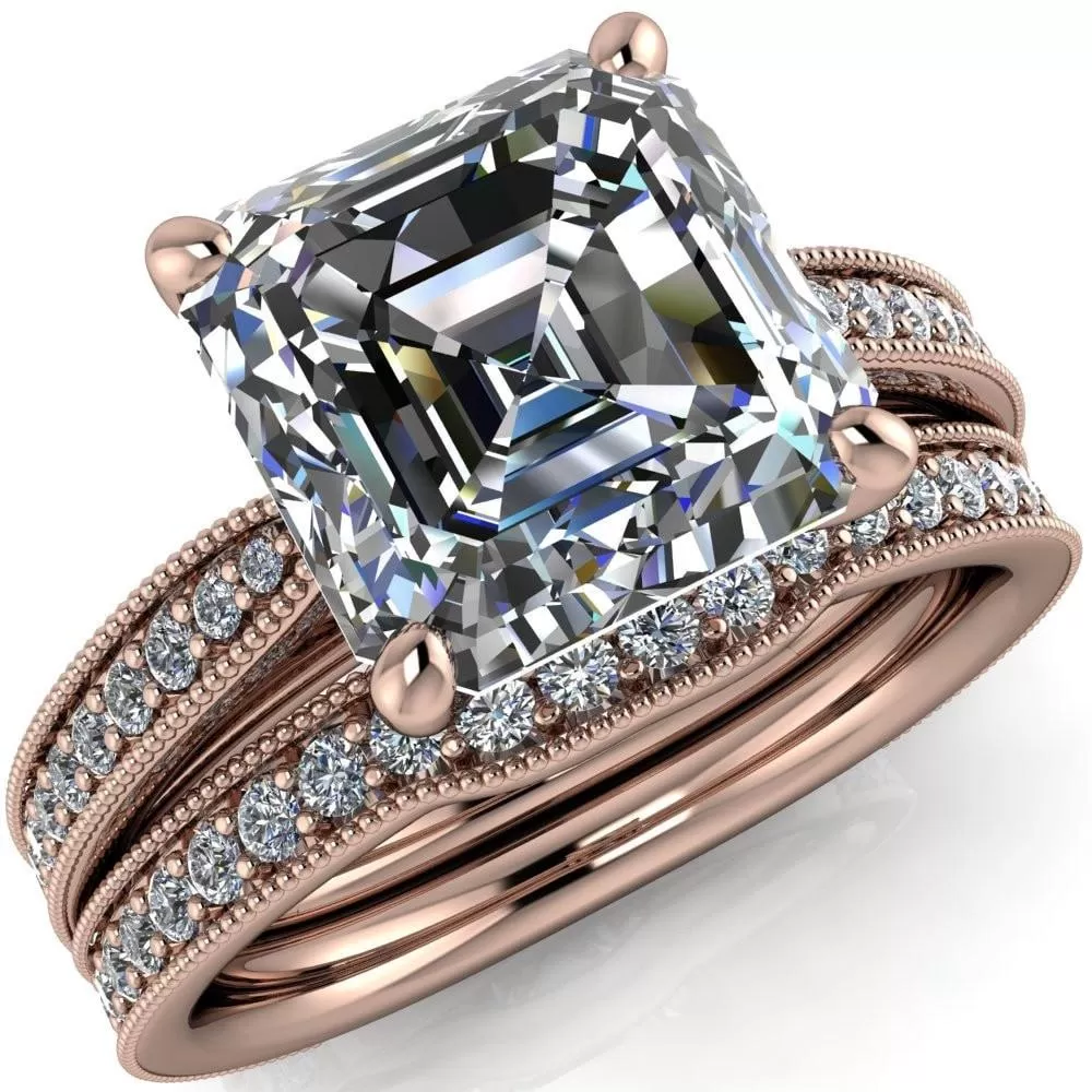 Hathaway Asscher Moissanite 4 Prong Milgrain Cathedral Engagement Ring