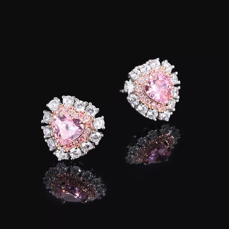 Heart Cut Pink Gemstone Halo Stud Earrings in Sterling Silver