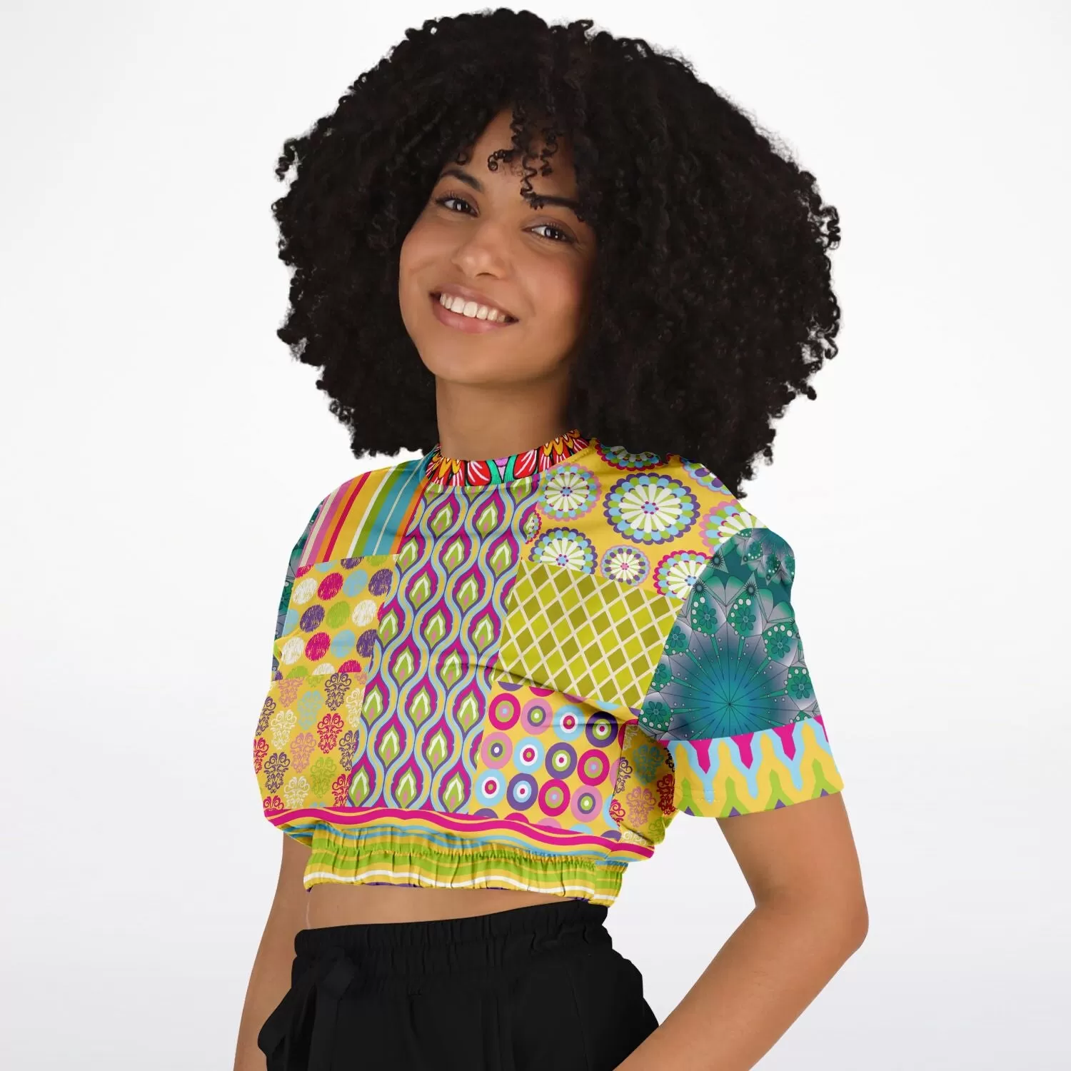 Hello Janis! Green Geo Print Short Sleeve Cropped Sweater