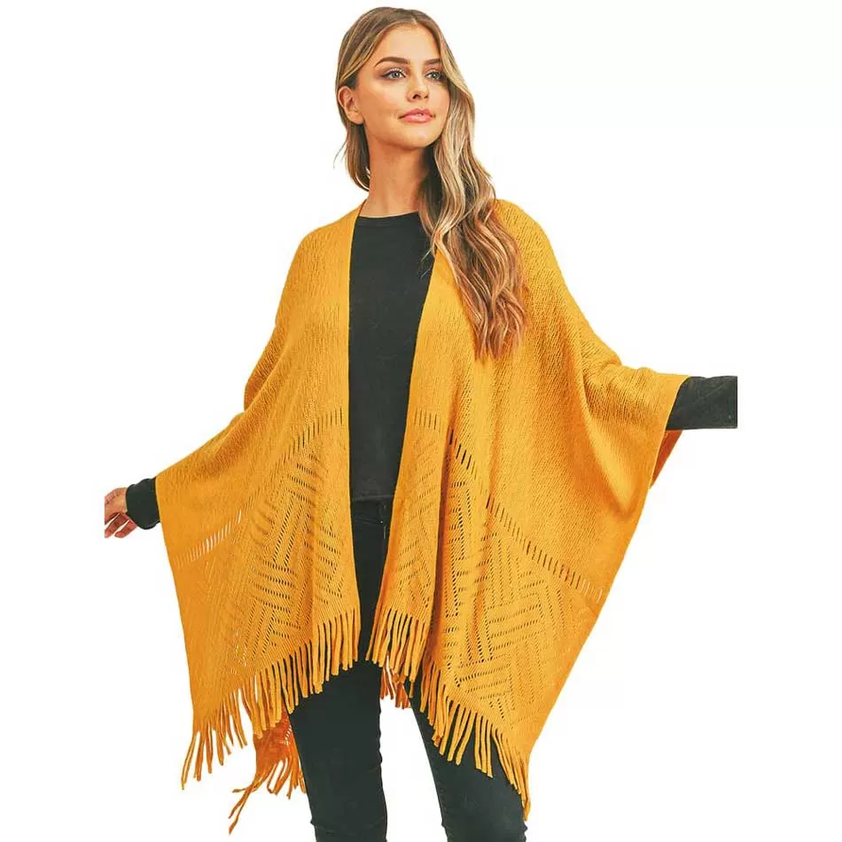 Herringbone Knit Fringe Ruana Poncho