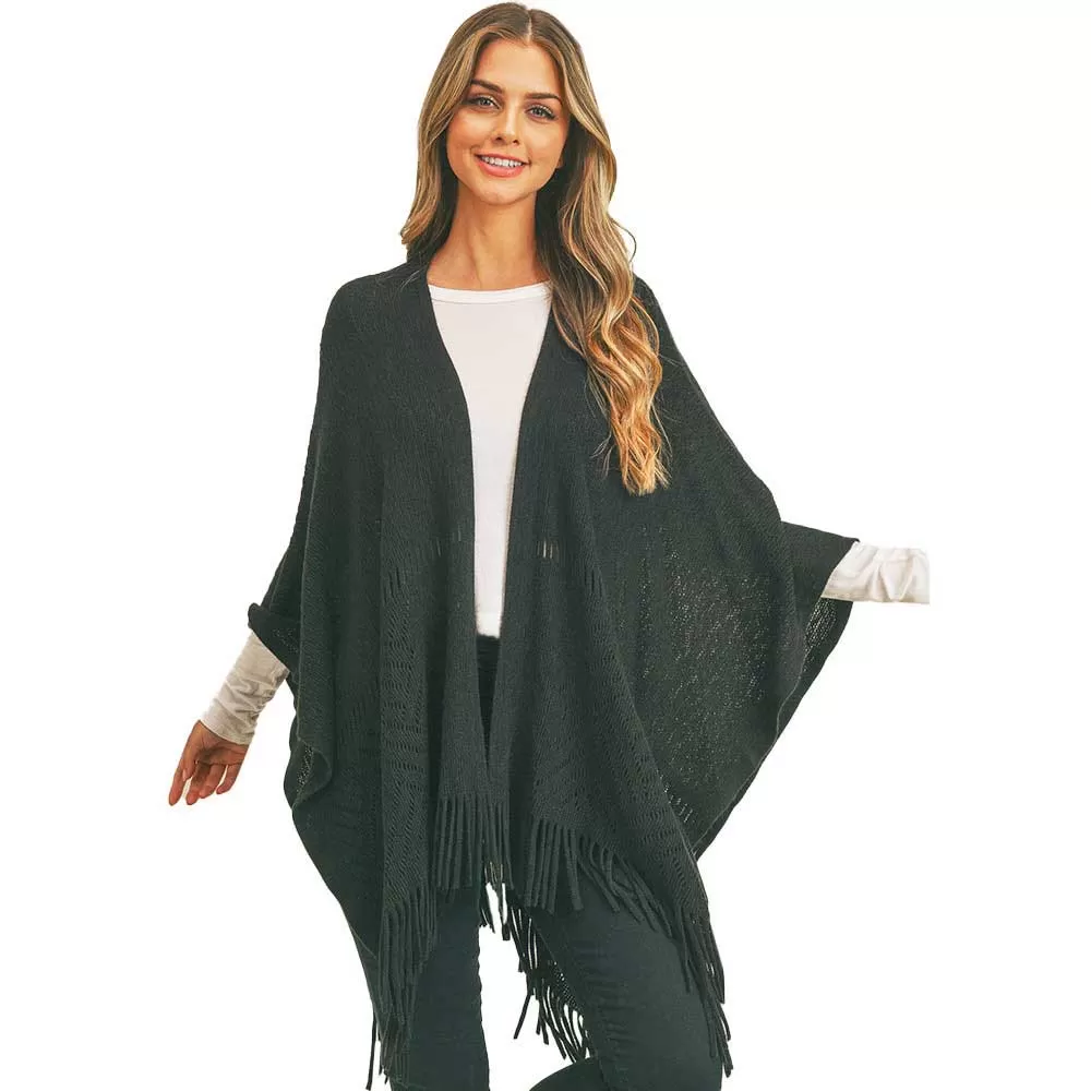 Herringbone Knit Fringe Ruana Poncho