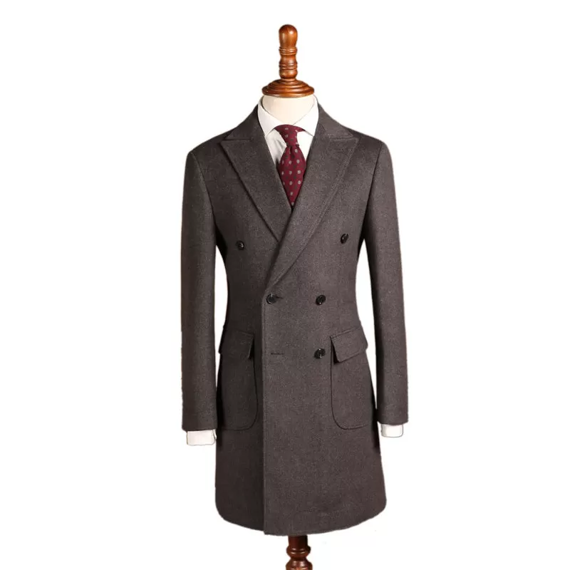 Herringbone Woolen Slim Fit Men's Mid-Length Double Breasted Coat