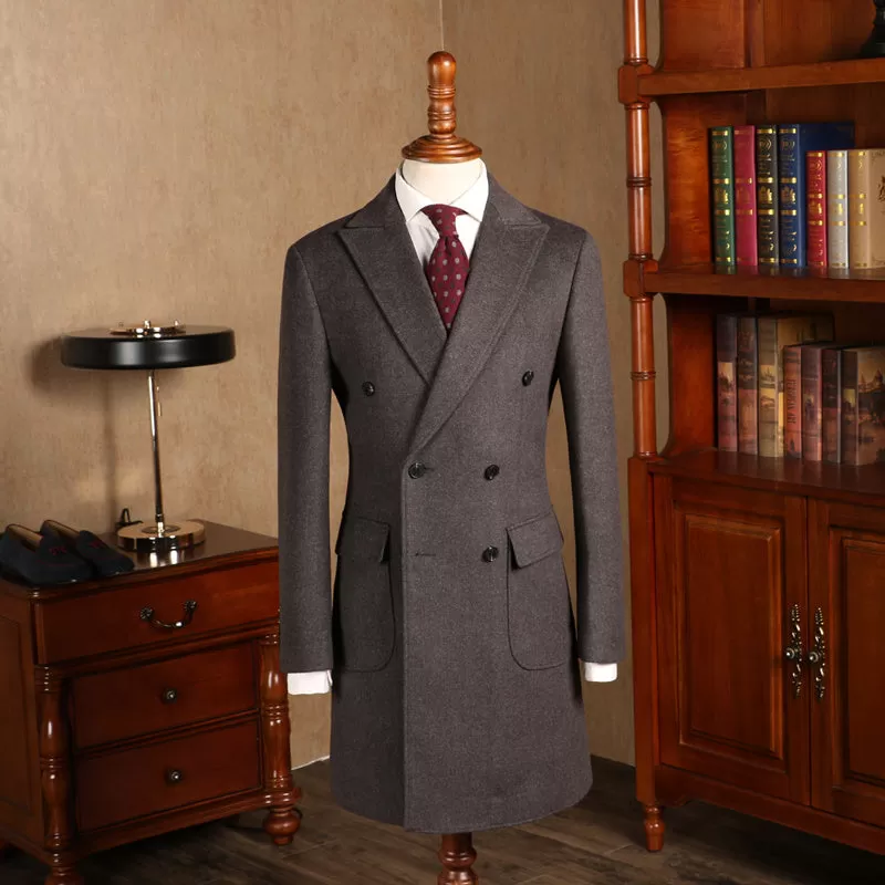 Herringbone Woolen Slim Fit Men's Mid-Length Double Breasted Coat