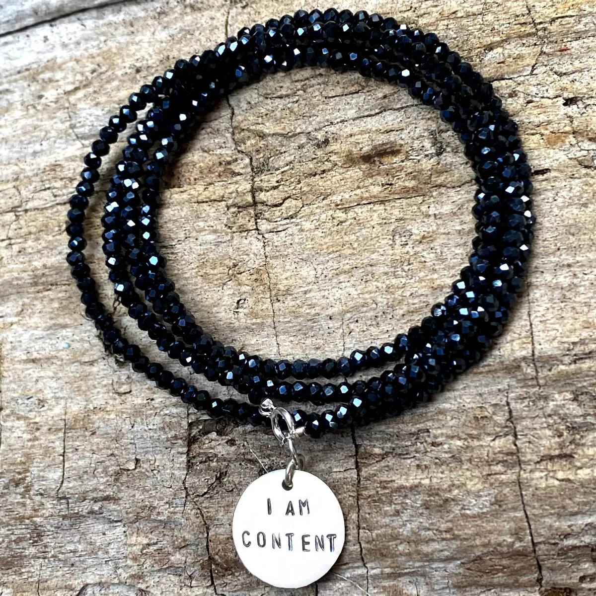 I am Content Affirmation Wrap Bracelet to Help Feel Happy with Midnight Dark Crystals