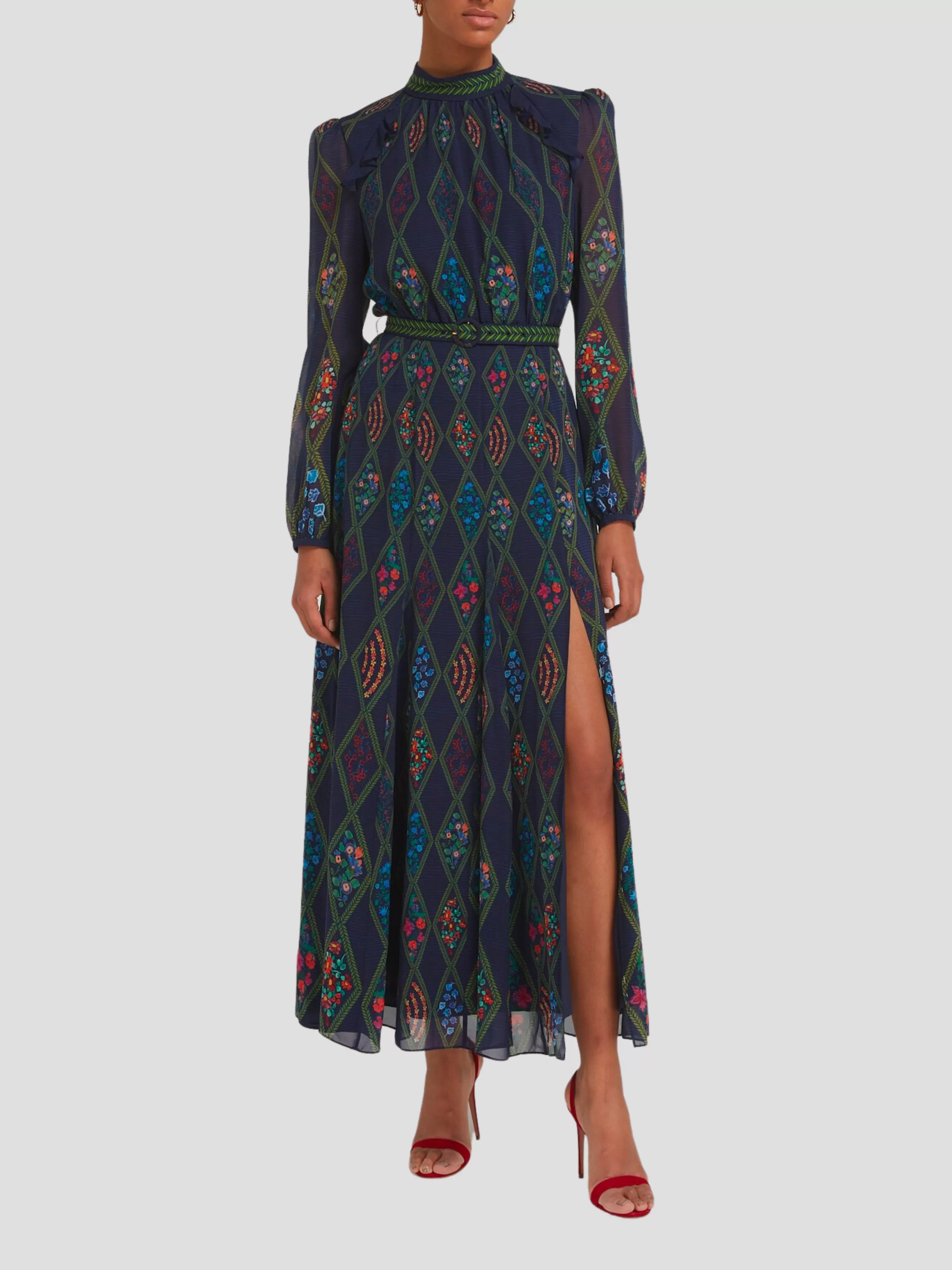 Jacqui-B Belted Floral Silk Midi Dress