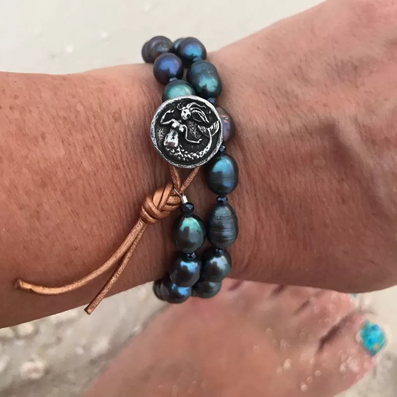 Jewelry inspired by the Sea: Mermaid Soul - Wrap Bracelet Combo with Labradorite, Pearl and Tourmaline