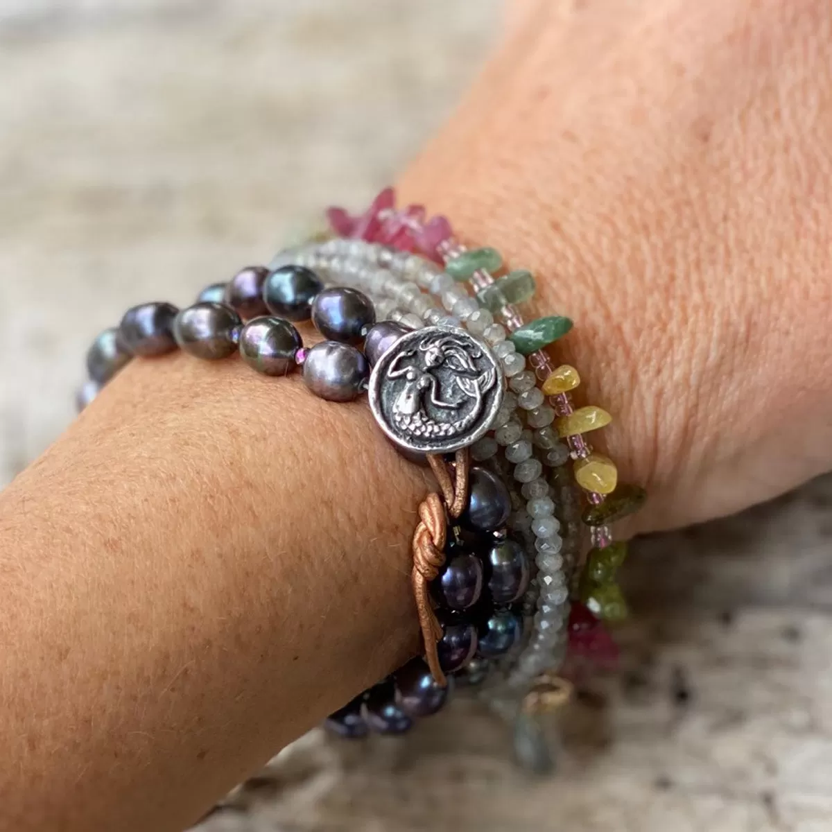 Jewelry inspired by the Sea: Mermaid Soul - Wrap Bracelet Combo with Labradorite, Pearl and Tourmaline