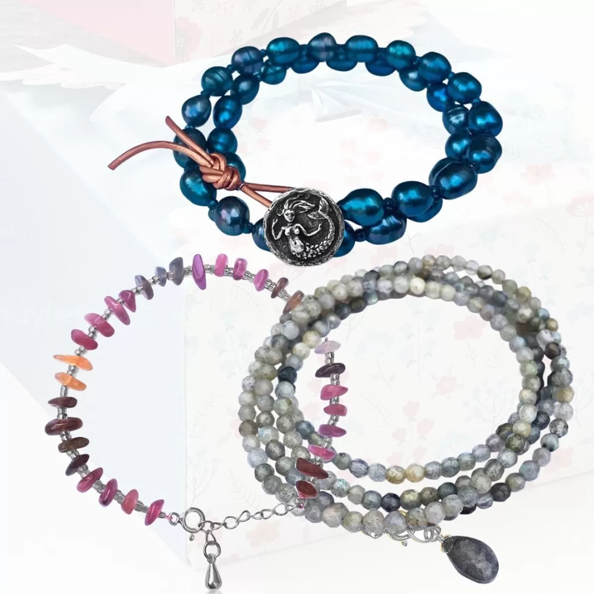 Jewelry inspired by the Sea: Mermaid Soul - Wrap Bracelet Combo with Labradorite, Pearl and Tourmaline