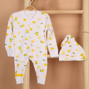 Kids Organic Cotton Full Body Romper With Cap | Lemon