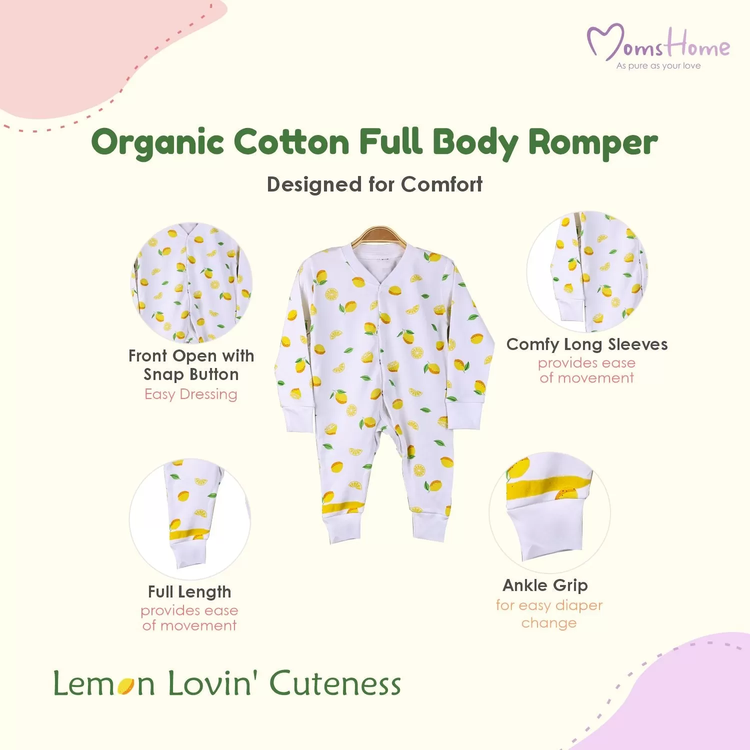 Kids Organic Cotton Full Body Romper With Cap | Lemon